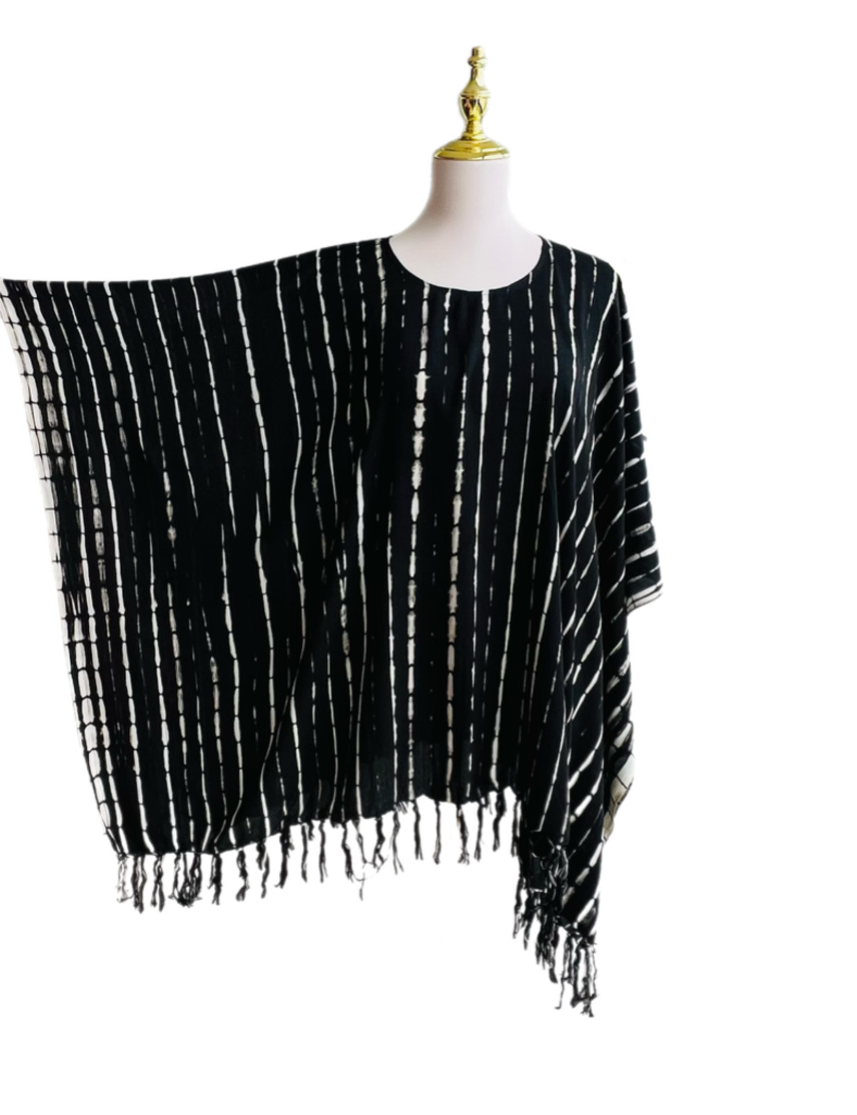0158/ Tie Dye Rayon Poncho: Boho Beach Cover-Up, Oversized Top, Black Cream