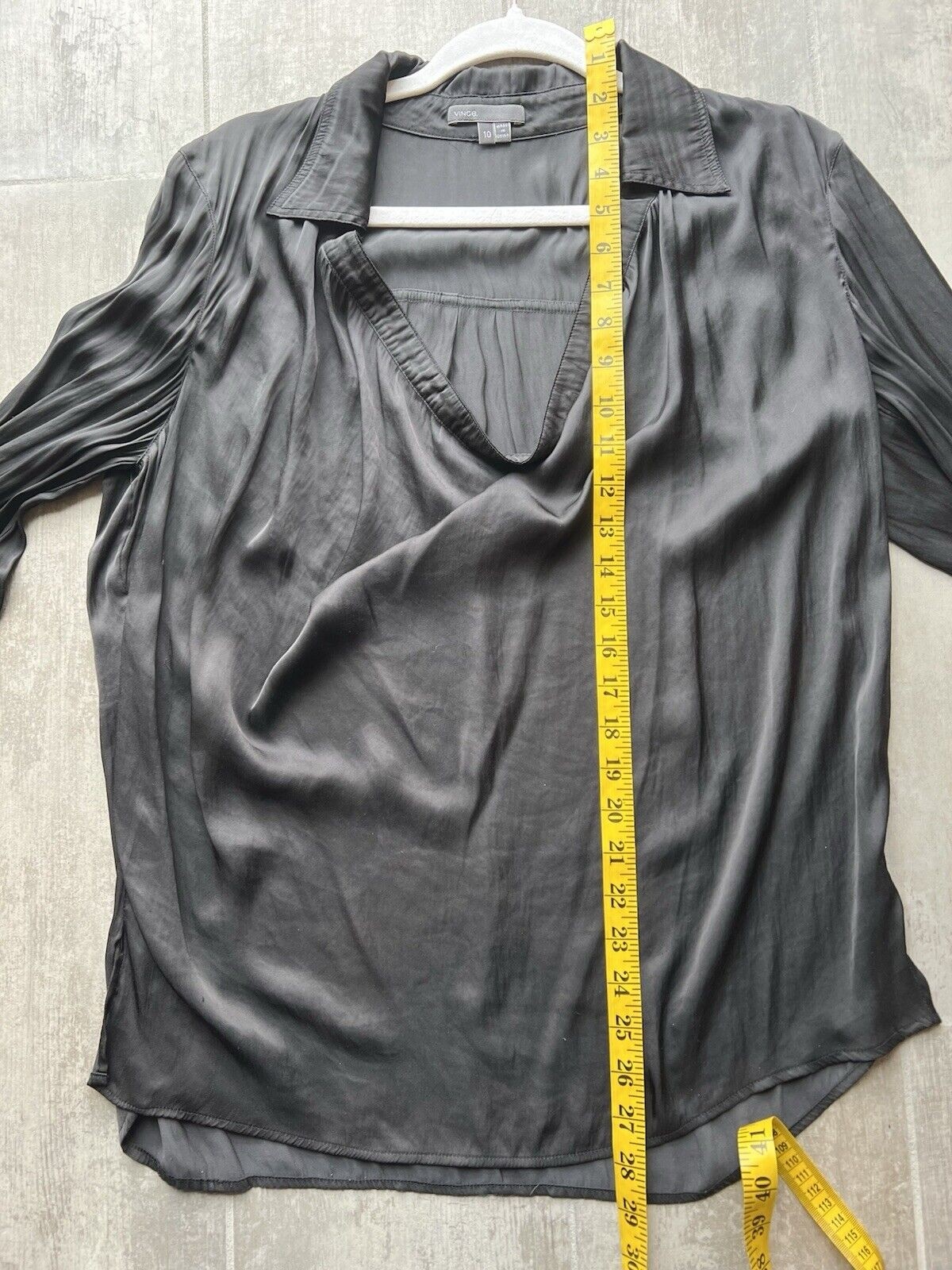$235 VINCE Cowl Neck Satin Draped Blouse Black Roll Tab Sleeve Designer Top 10