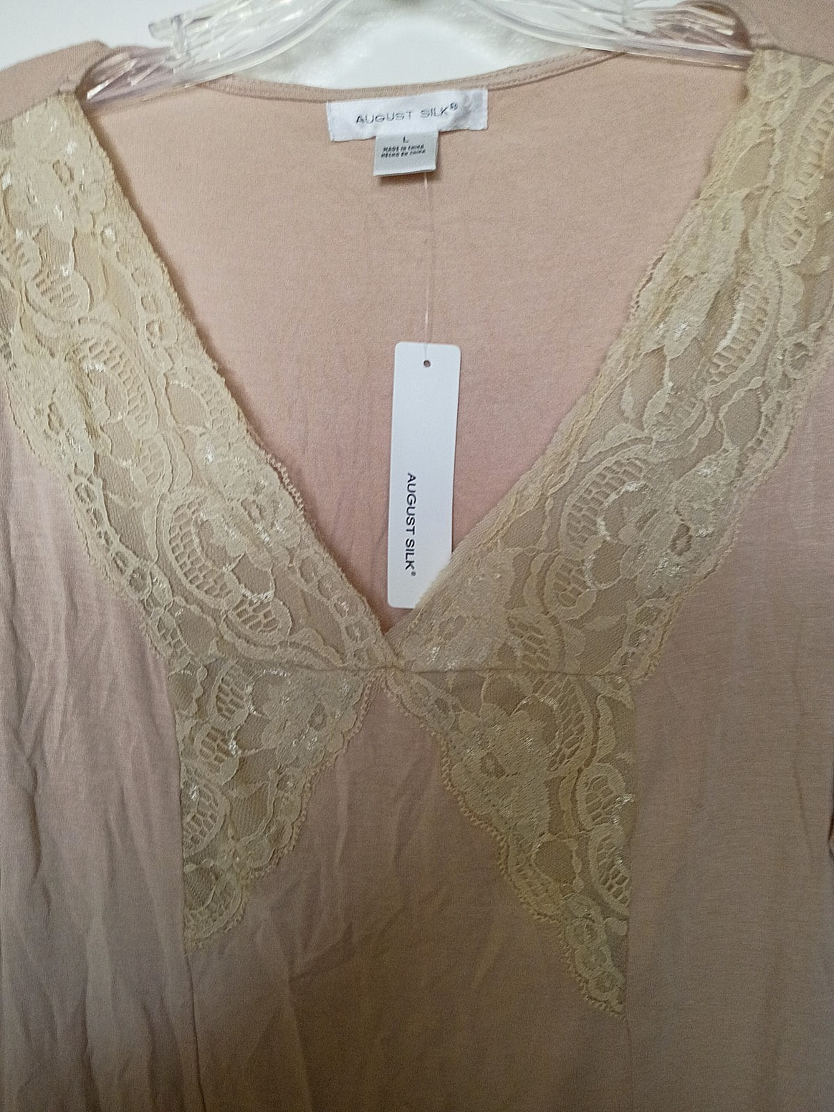 August Silk 95% rayon, 5% spandex knit solid “French Mocha” l/s V-neck T-shirt L