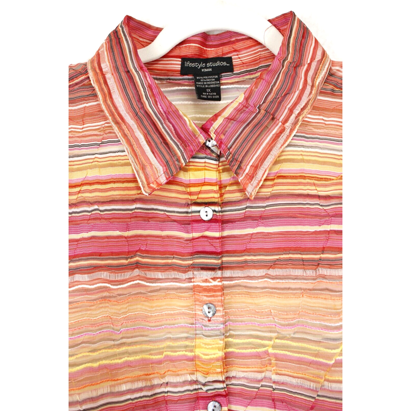 Artsy Colorful Stripe Sheer Blouse Button Front Women 1X Office Coastal Layering
