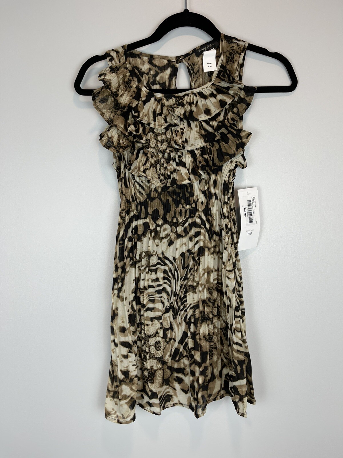 NWT $49 Sunny Taylor Top Blouse Crinkle Ruffled Sleeveless Cheetah Print Size PM