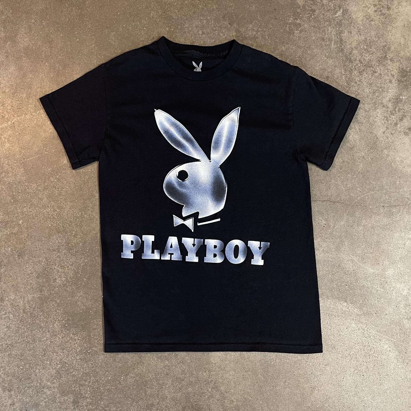 Playboy Bunny Logo Graphic T Shirt Womens Small Black Metallic Blue Y2K Tee