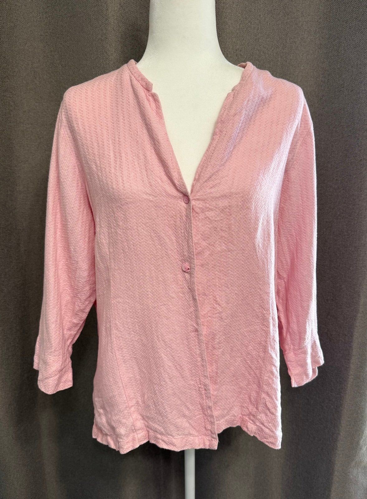 Eileen Fisher Pink 100% Linen Button up V-Neck Sz L 3/4 sleeve Top