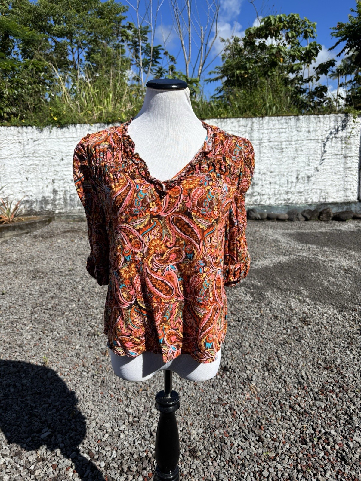 Democracy Below Elbow Ruched Sleeve V-Notch Neck Abstract Print Paisley Blouse