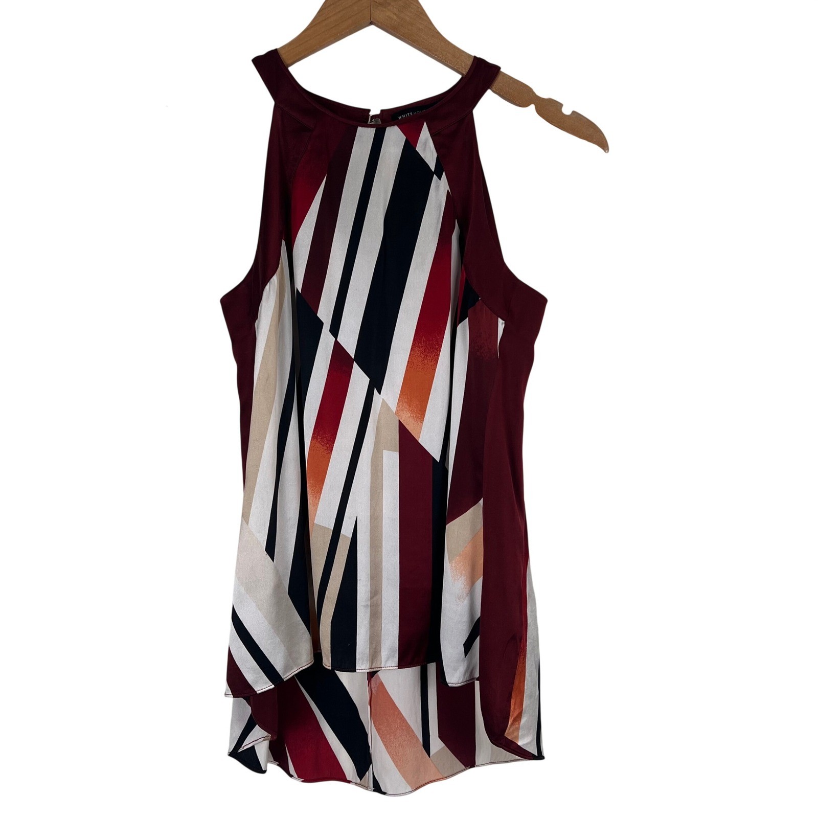 White House Black Market Silk Halter Blouse Burgundy Geometric Stripe 00P Petite