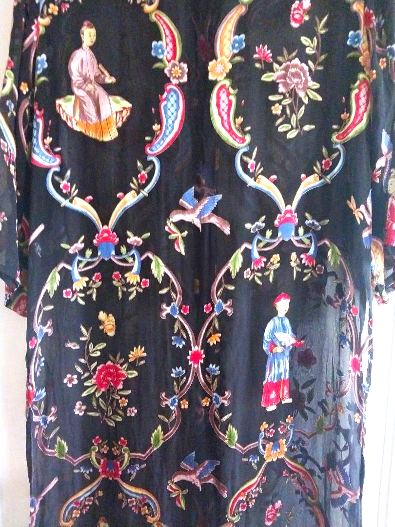 Vintage Citron Santa Monica Silk Black Multicolor Asian Motif Kimono Duster M