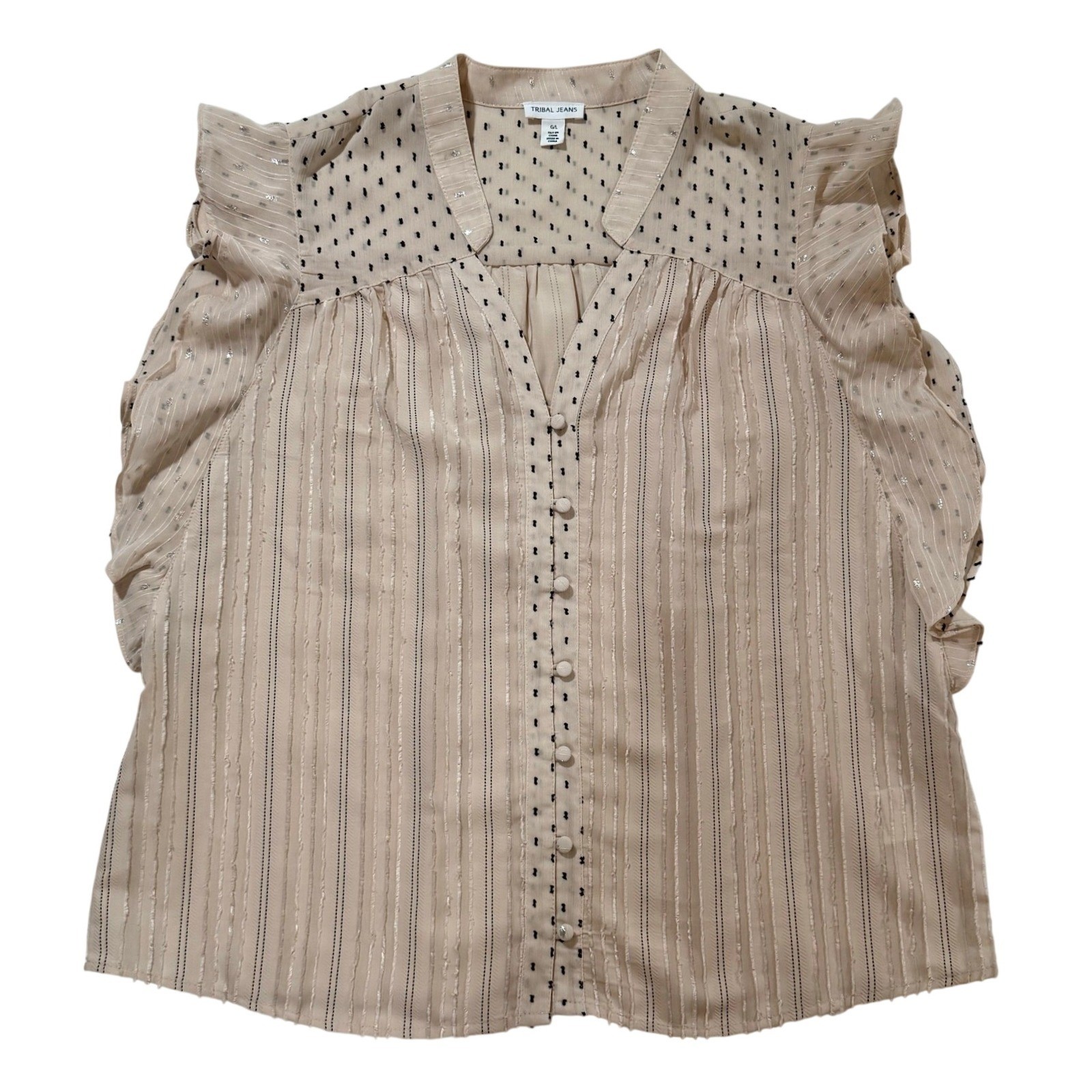 Tribal Jeans Womens Beige Striped Clip Dot Ruffle V-Neck Blouse Size Large W40