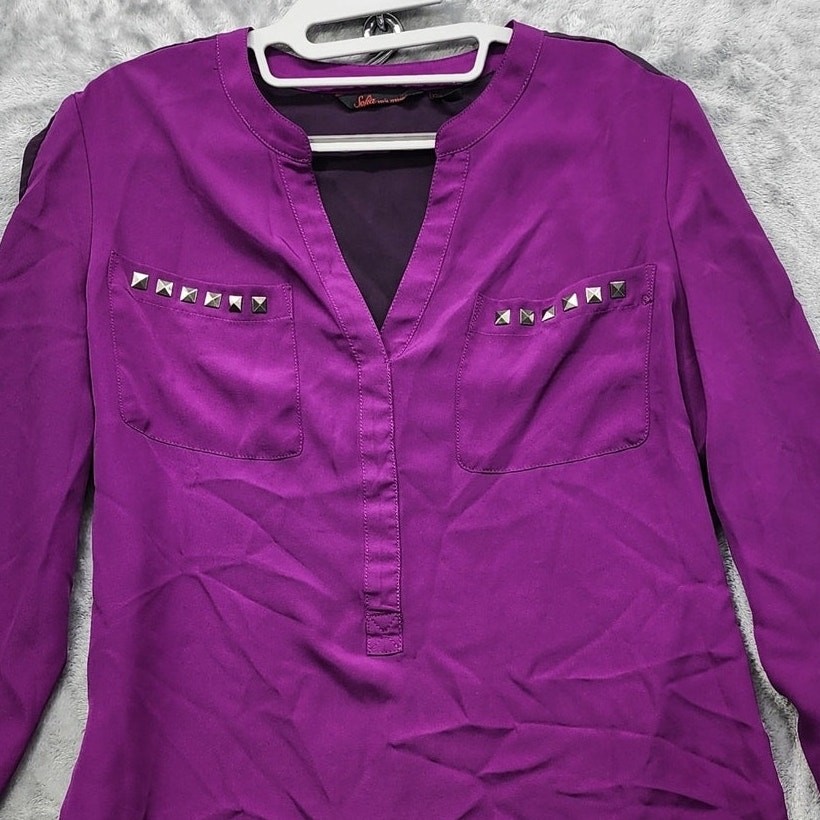 Sofia Vergara Top Womens M Purple 2-Tone Long Sleeve Popover Studded Pockets