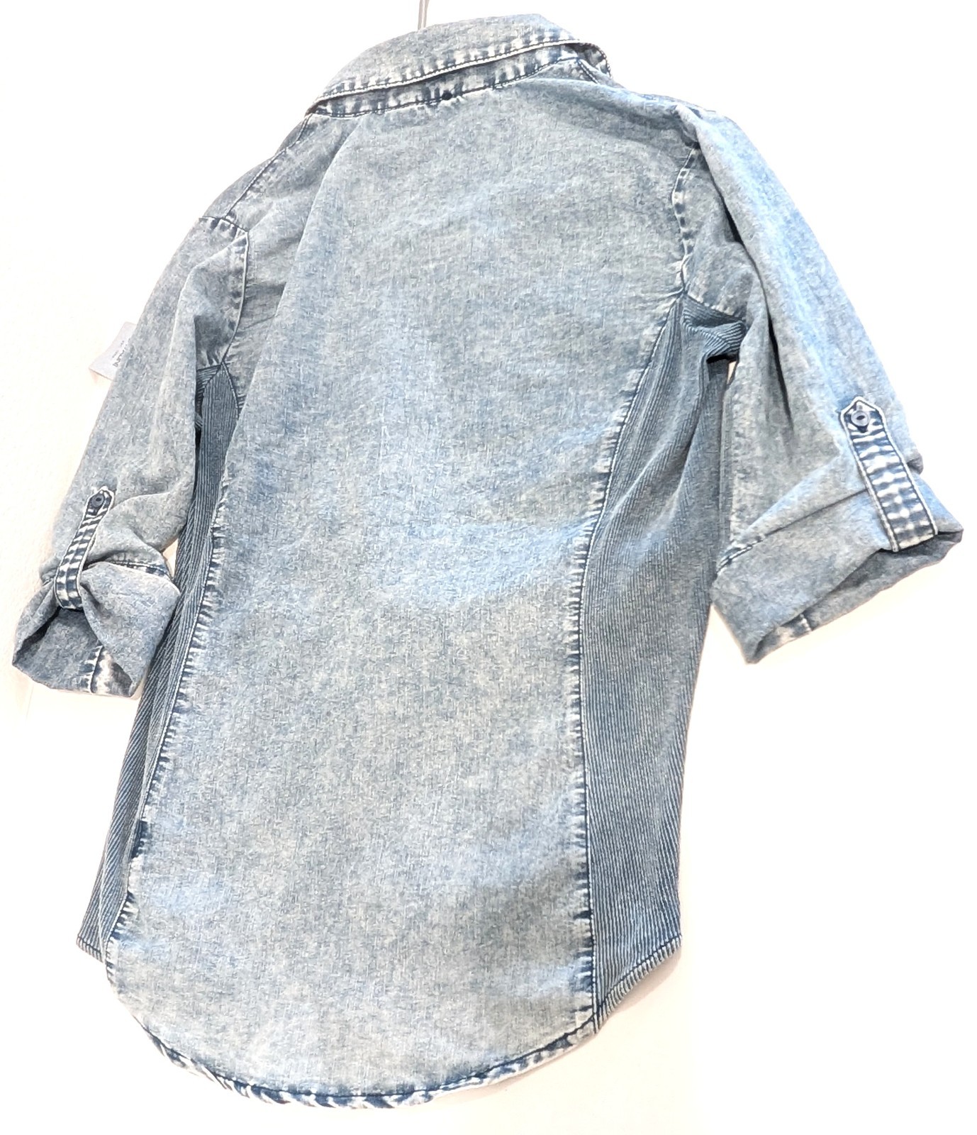 Acid Wash Denim Jean Button Up Shirt Jacket Roll Tab Sleeve Ribbed Side Panels