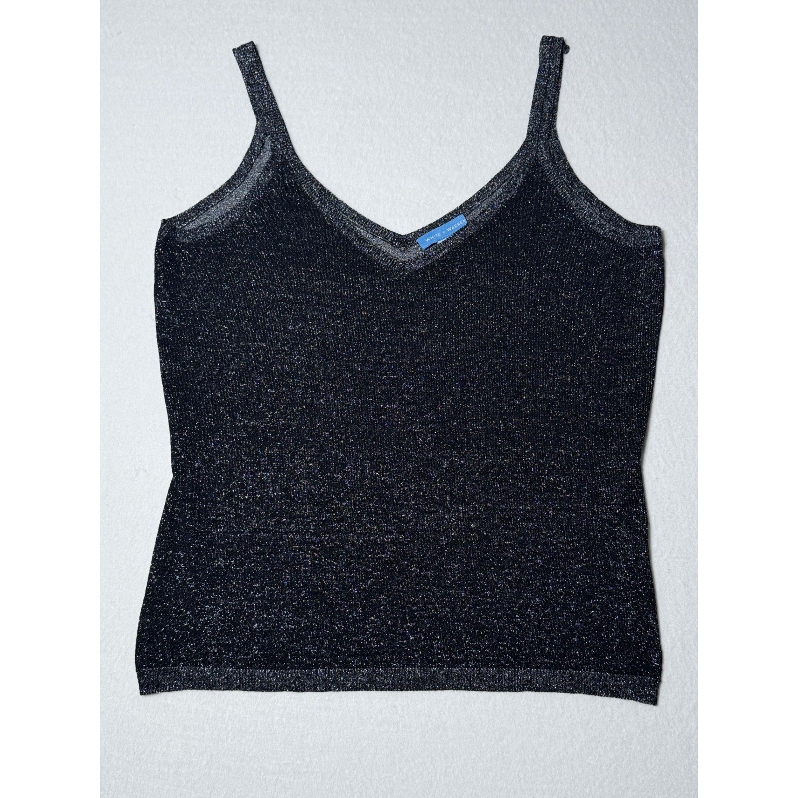 White + Warren Metallic Knit Tank Top Womens Large Black Silver Shimmer Cami