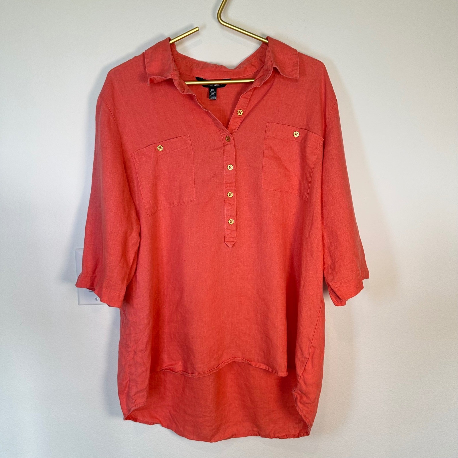 Ellen Tracy High Low Tunic Top Womens Casual XL Coral Pink Linen Vacation Breezy