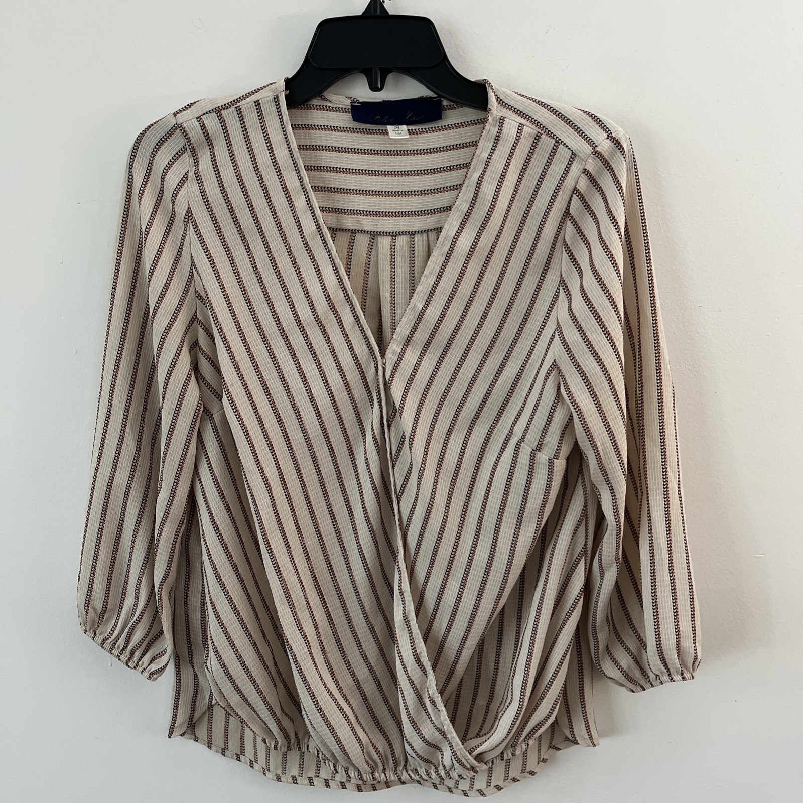 Blue Rain Women’s Wrap Top Brown Stripe Medium Boho Cottagecore Effortless Chic