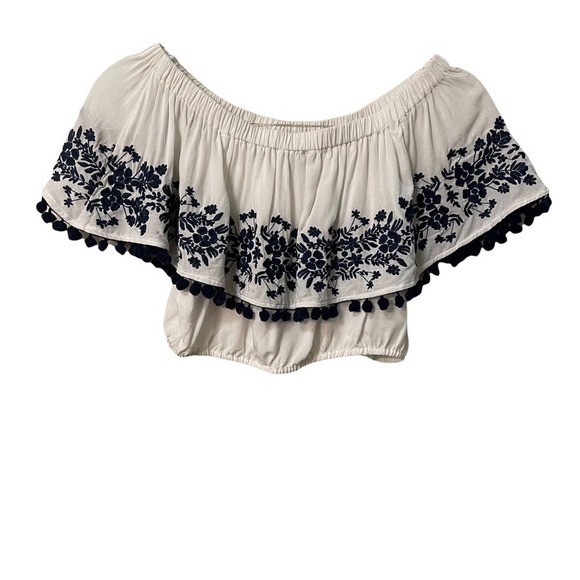 Show Me Your MuMu Women’s White & Blue Embroidery Teagan Pom Pom Croptop Size S