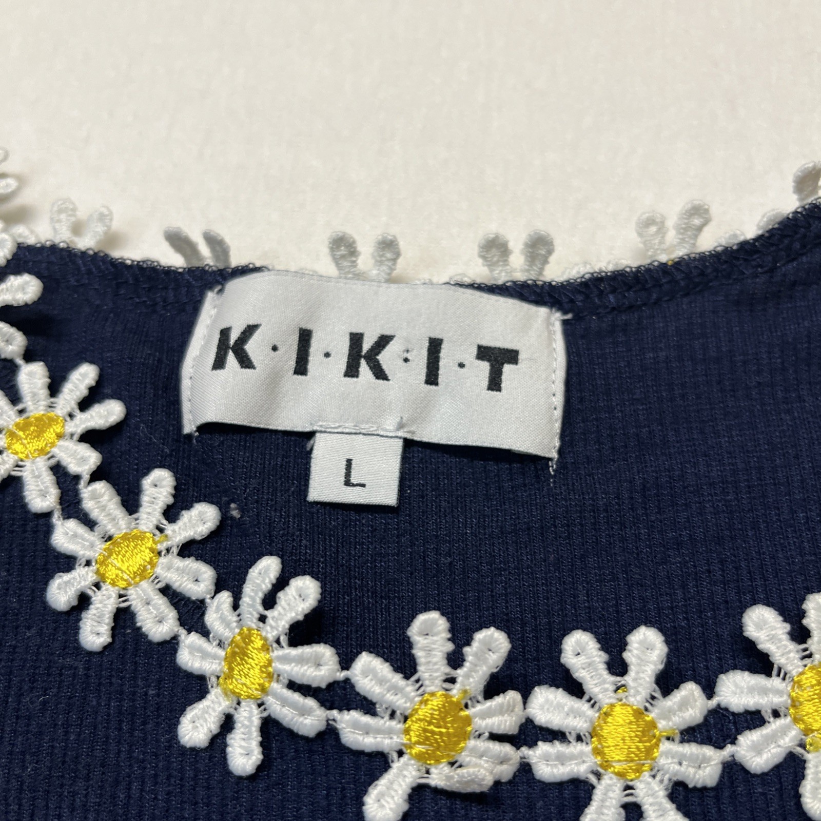 KIKIT Ribbed Tank Top L Daisy Trim Blue Y2K 70’s Vibe Casual