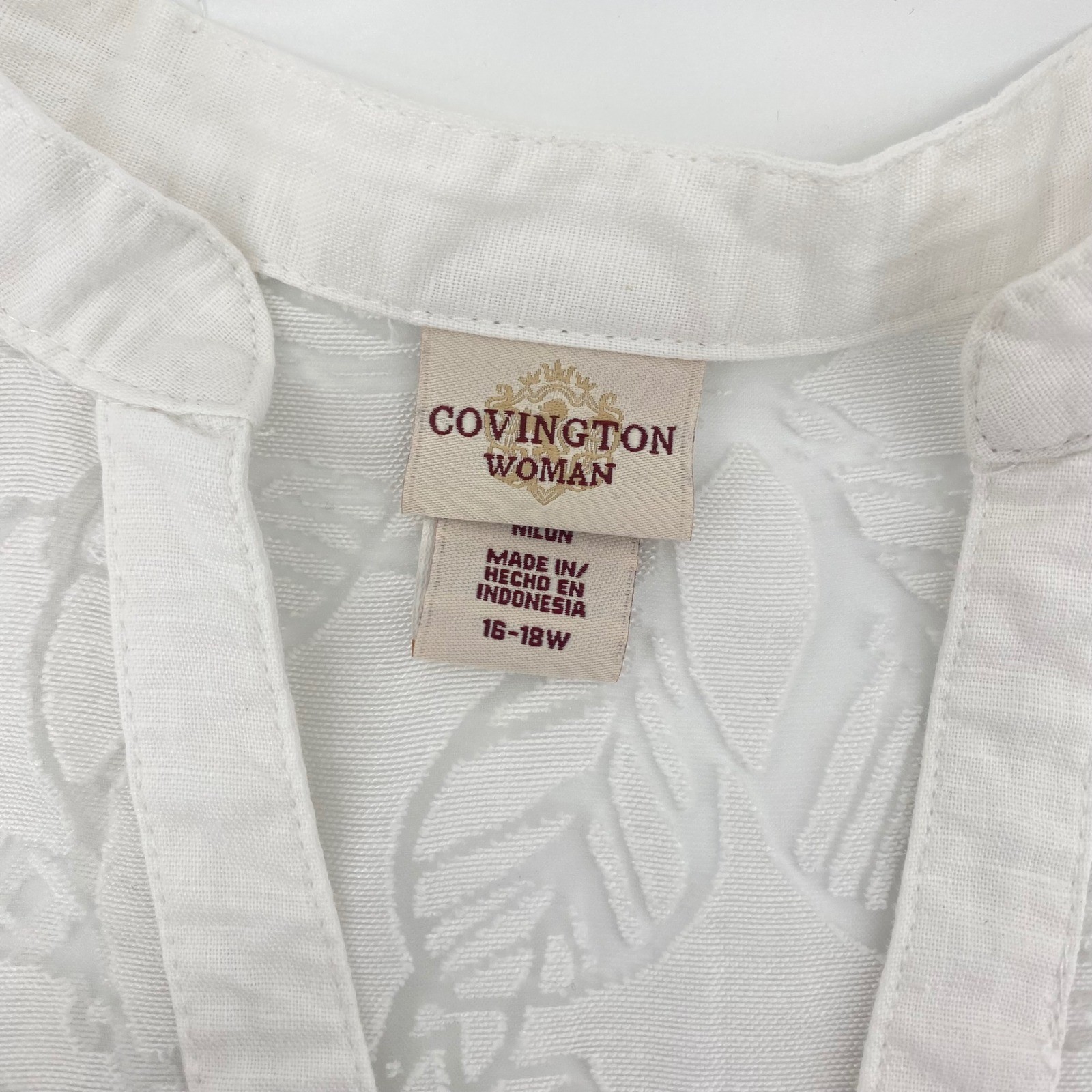Covington Woman Blouse Womens 16-18W White Floral Burnout Sheer Button Up Top