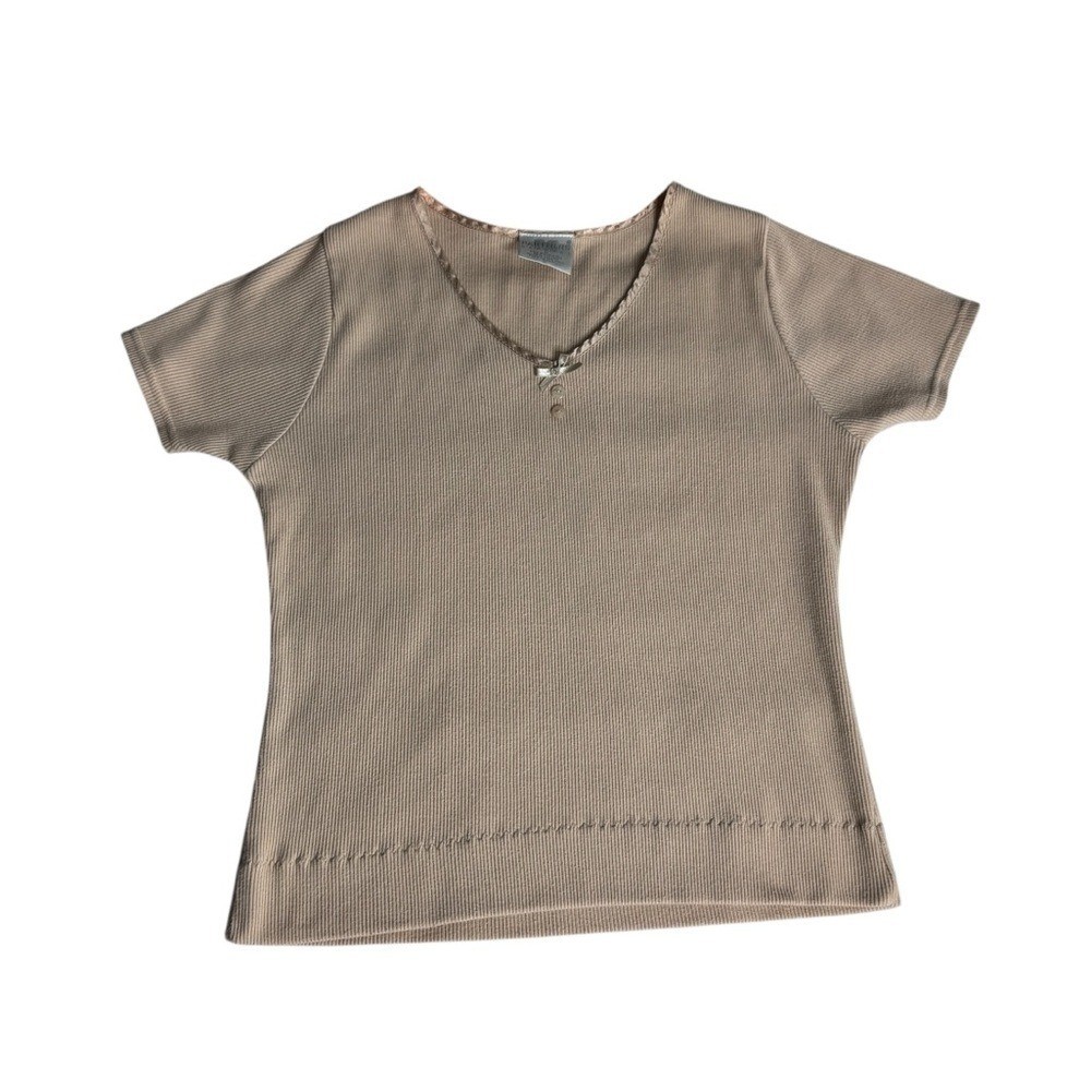 Vintage Beige Ribbed Knit Short Sleeve Top Button Bow Detail Womens Small