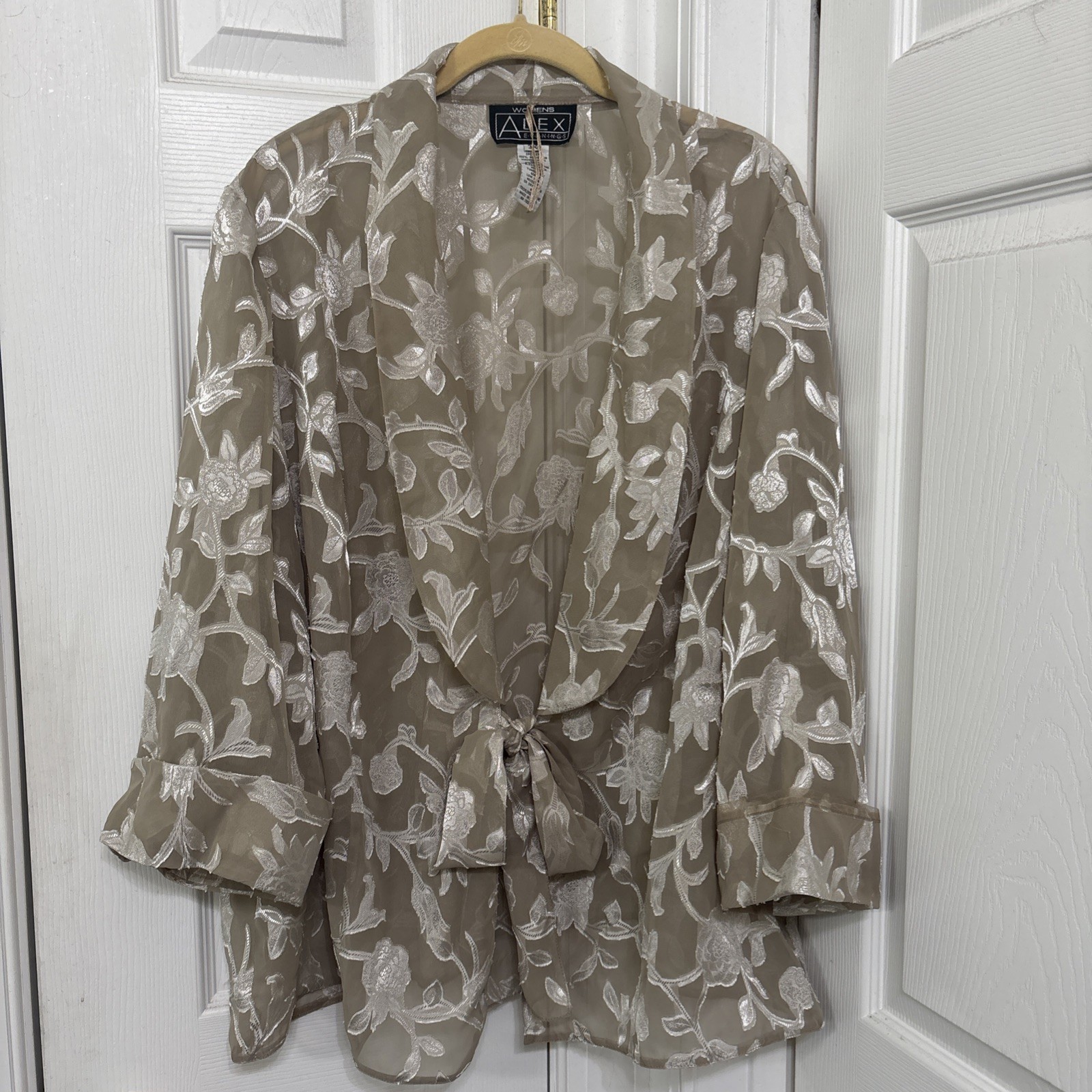 Alex Evenings Women’s Sheer Damask Floral Jacket Tie Front 3/4 Sleeve 3X Beige