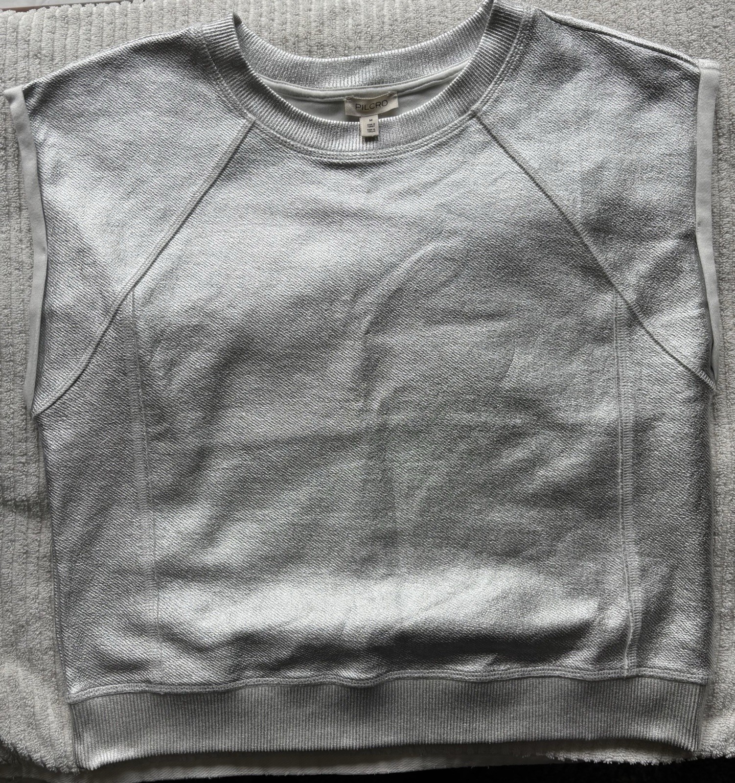 Anthropologie Pilcro M Silver Metallic Cap Sleeve Sweatshirt Shiny Knit Muscle T