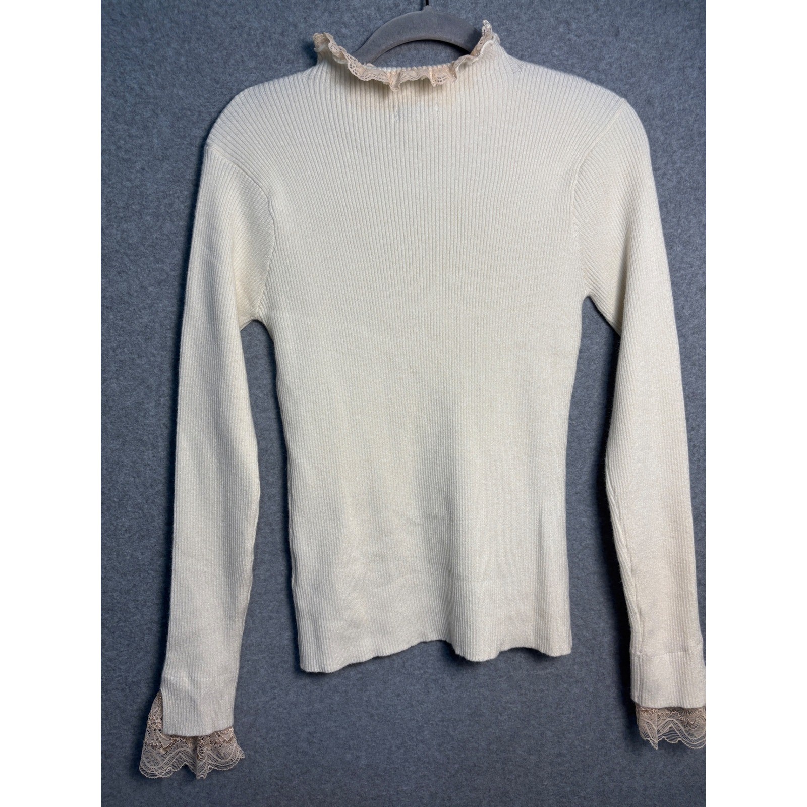 Moon River Lace Trim Rib Knit Sweater Top M Ivory Mock Neck Romantic Coquette