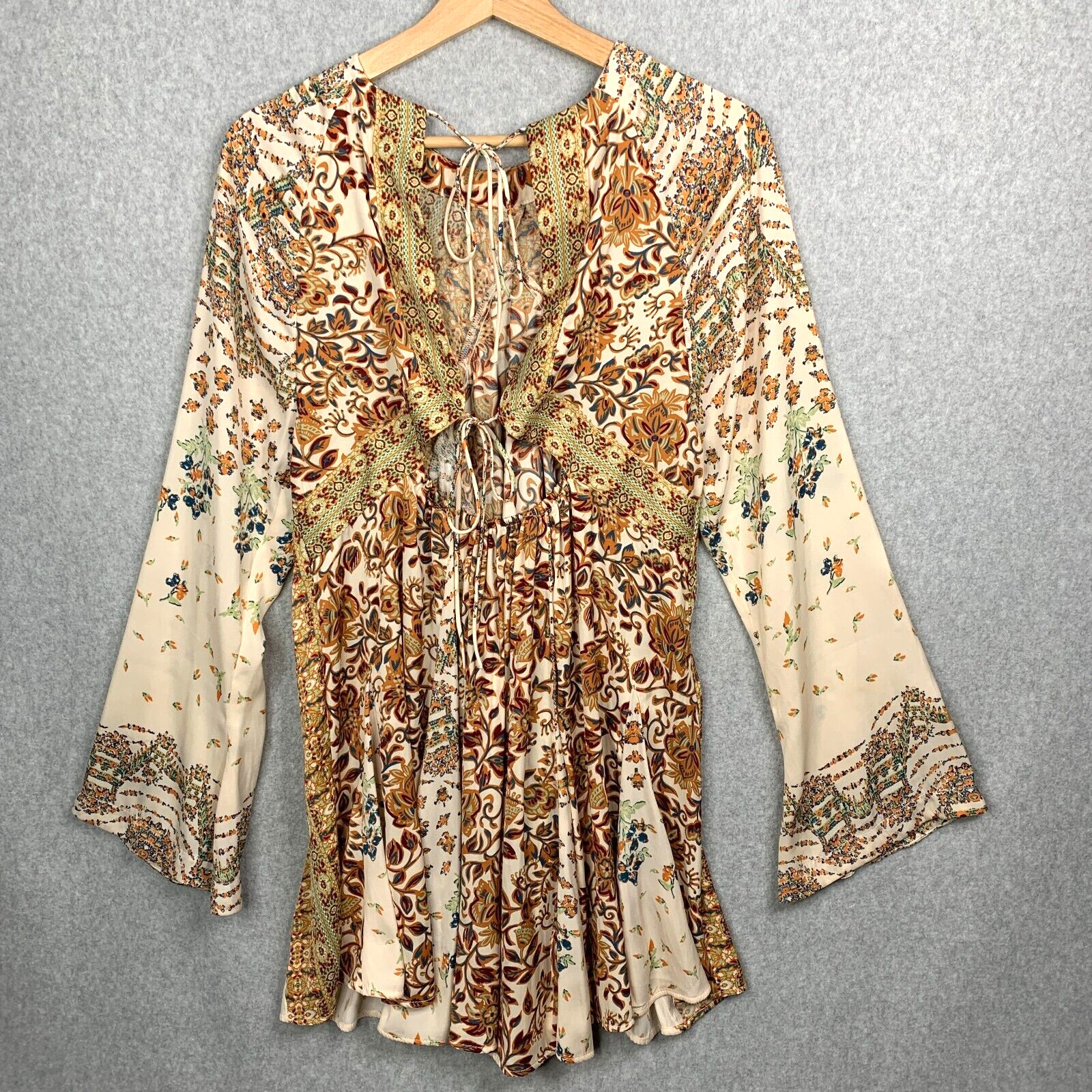 Free People Tunic M Floral Stevie Flowy Pleating Tie Back Mini Dress Festival