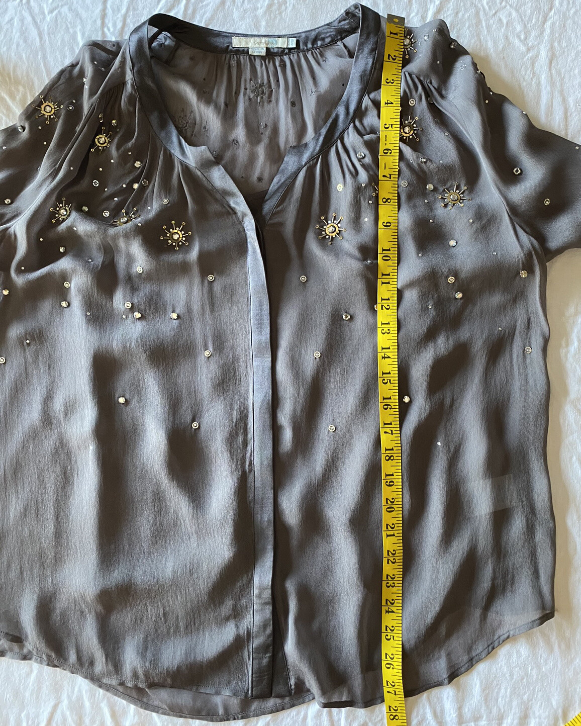 Boden 10 Taupe Gray bejeweled Gold Silver Sheer Long Sleeve Blouse Top With Cami