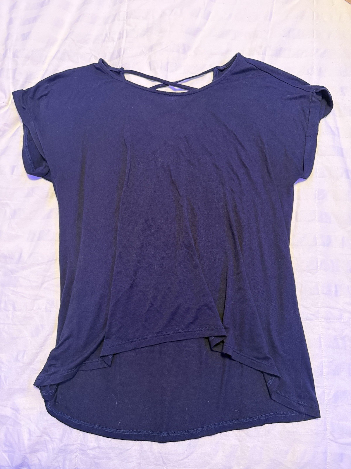 Mia Chica Women’s M Navy Blue Short Sleeve Cross Strap Open Back T-Shirt