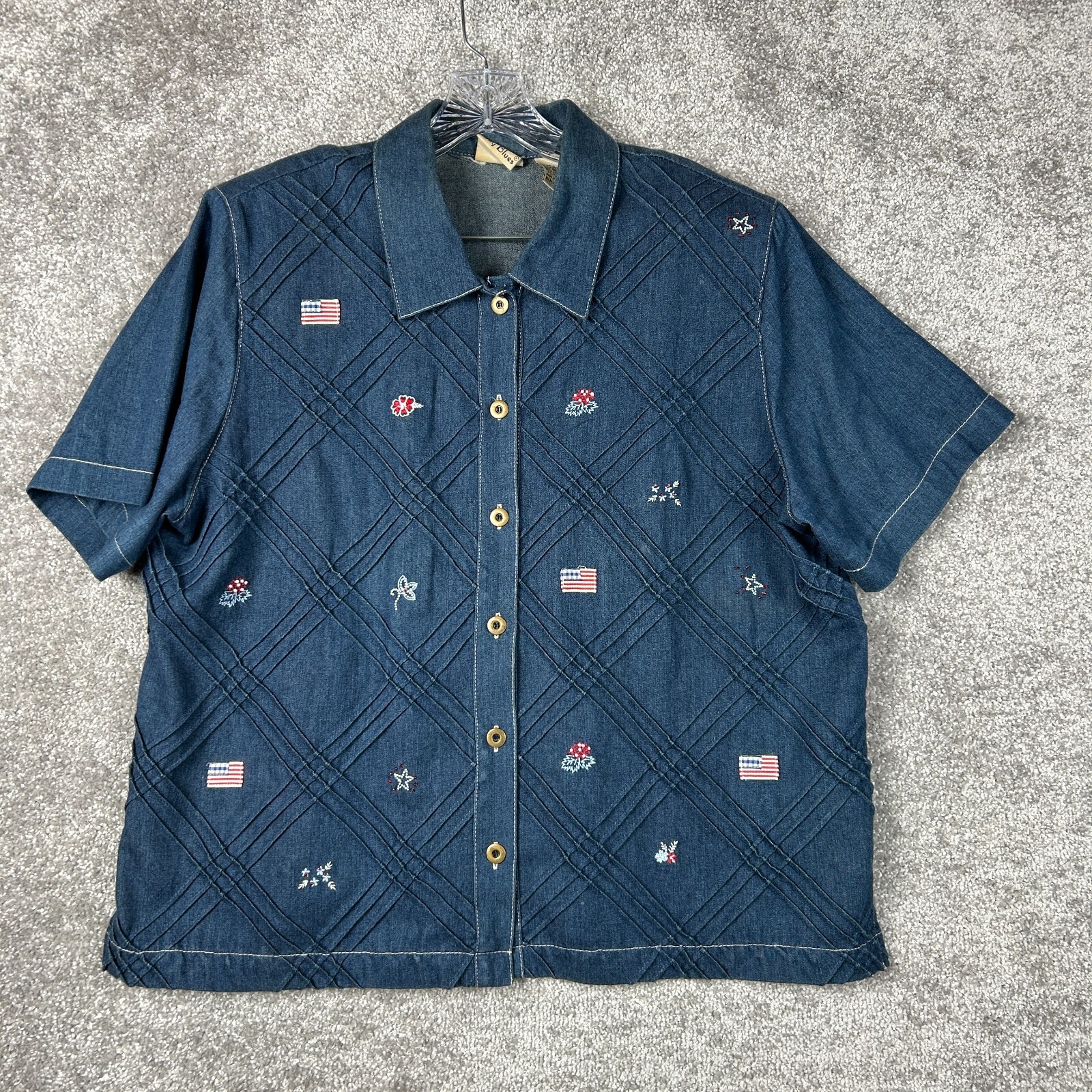 VTG Koret City Blues Shirt Women’s 16W Blue Denim Floral Embroidered US Flag