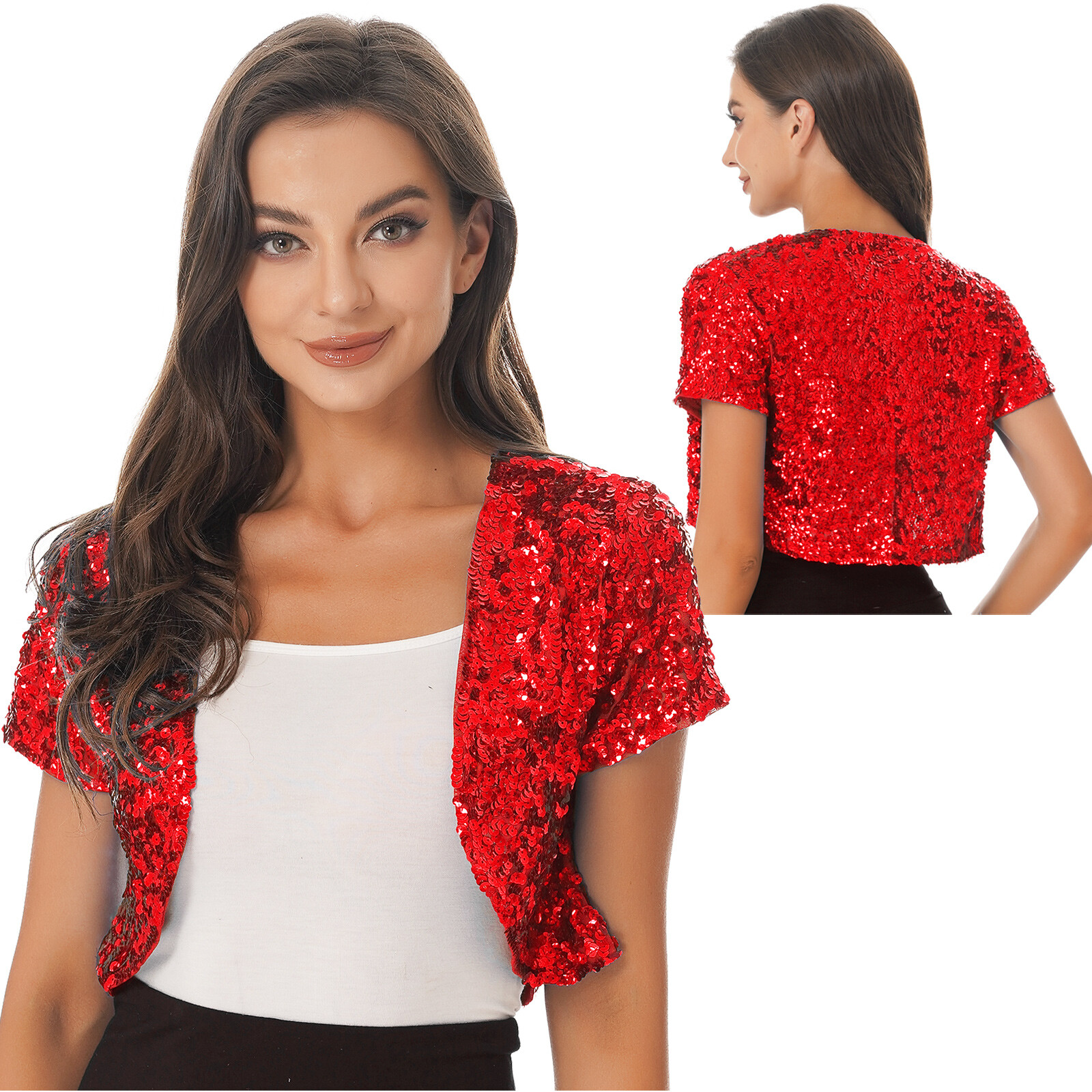 Women Short Sleeve Cropped Coats Shiny Sequin Bolero Shrug Cardigan Jackets