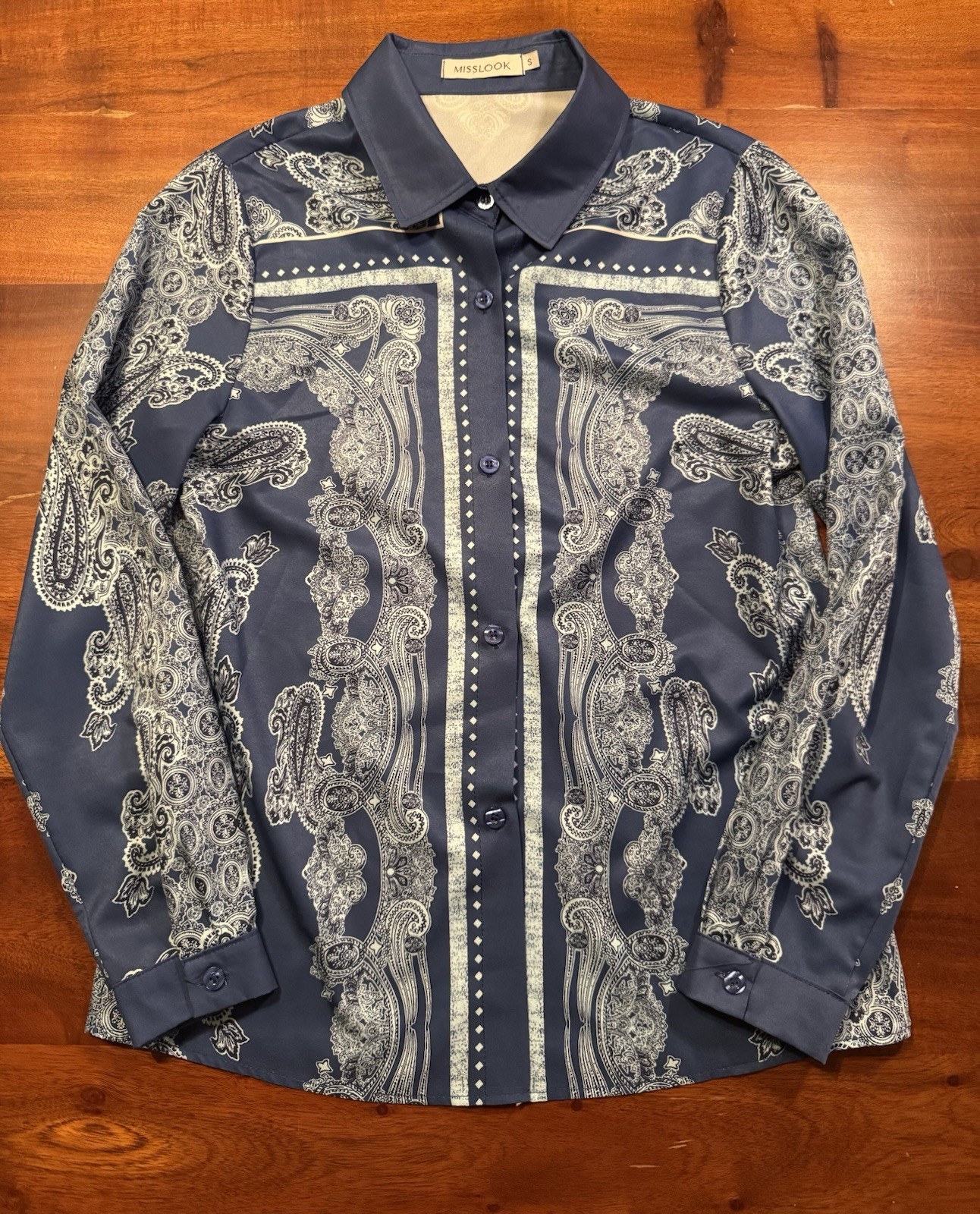 MISSLOOK Womens Button Up Shirt Blue Paisley Collared Neck Long Sleeve Sz Small