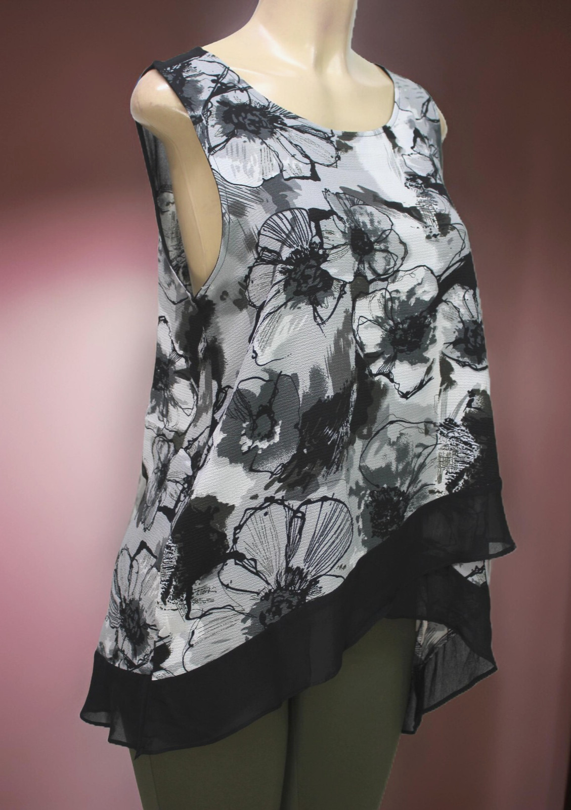 Caroline Morgan Women’s Blouse Top Sleeveless Floral Black White Size XL