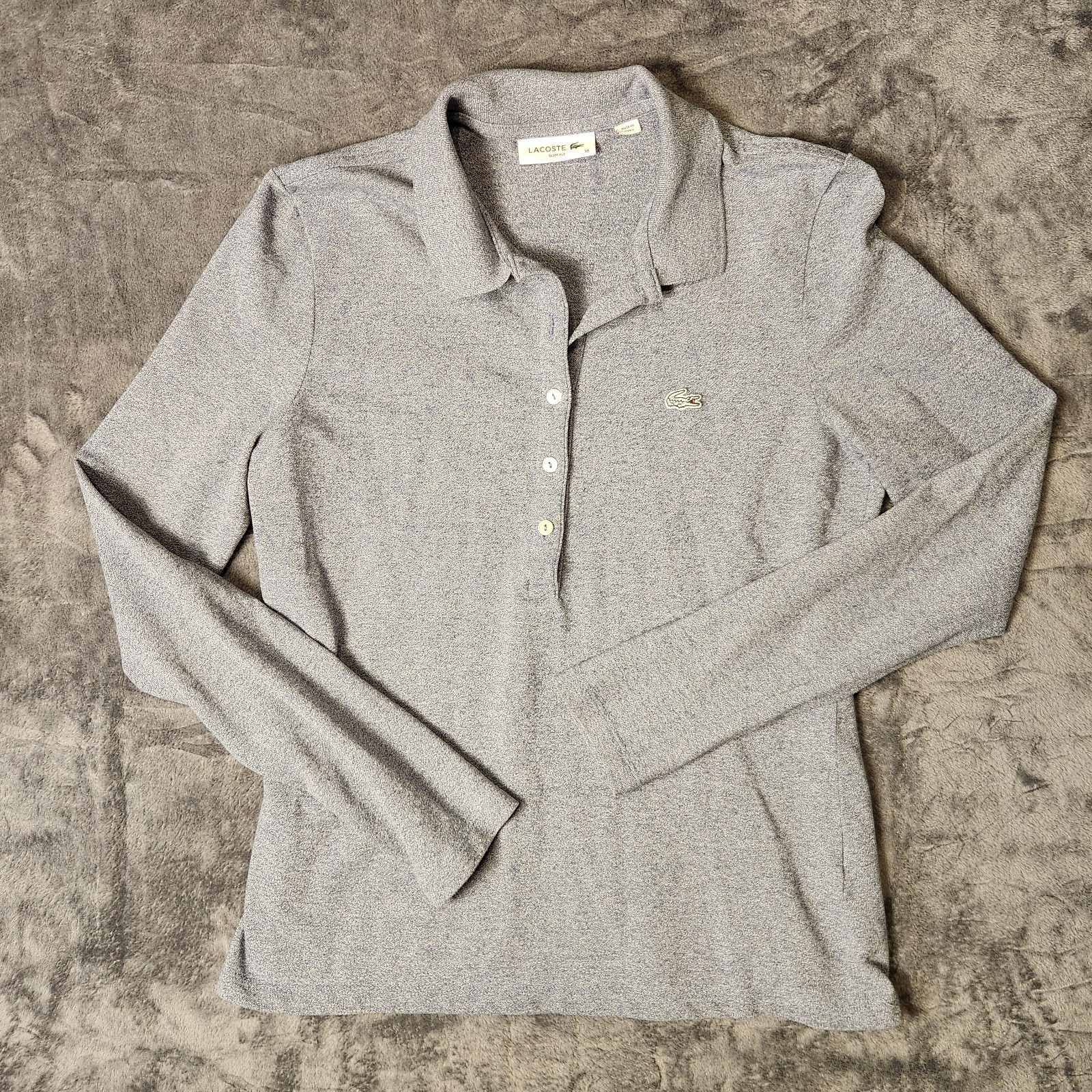 Lacoste Women Gray Heather Long Sleeve Mini Pique Polo Sz 38 Slim Fit Stretch