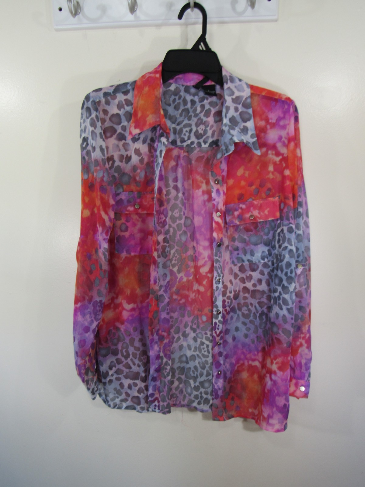 New Directions Sheer Top Size L Multi Colors Button Up Front Long Sleeve Pockets