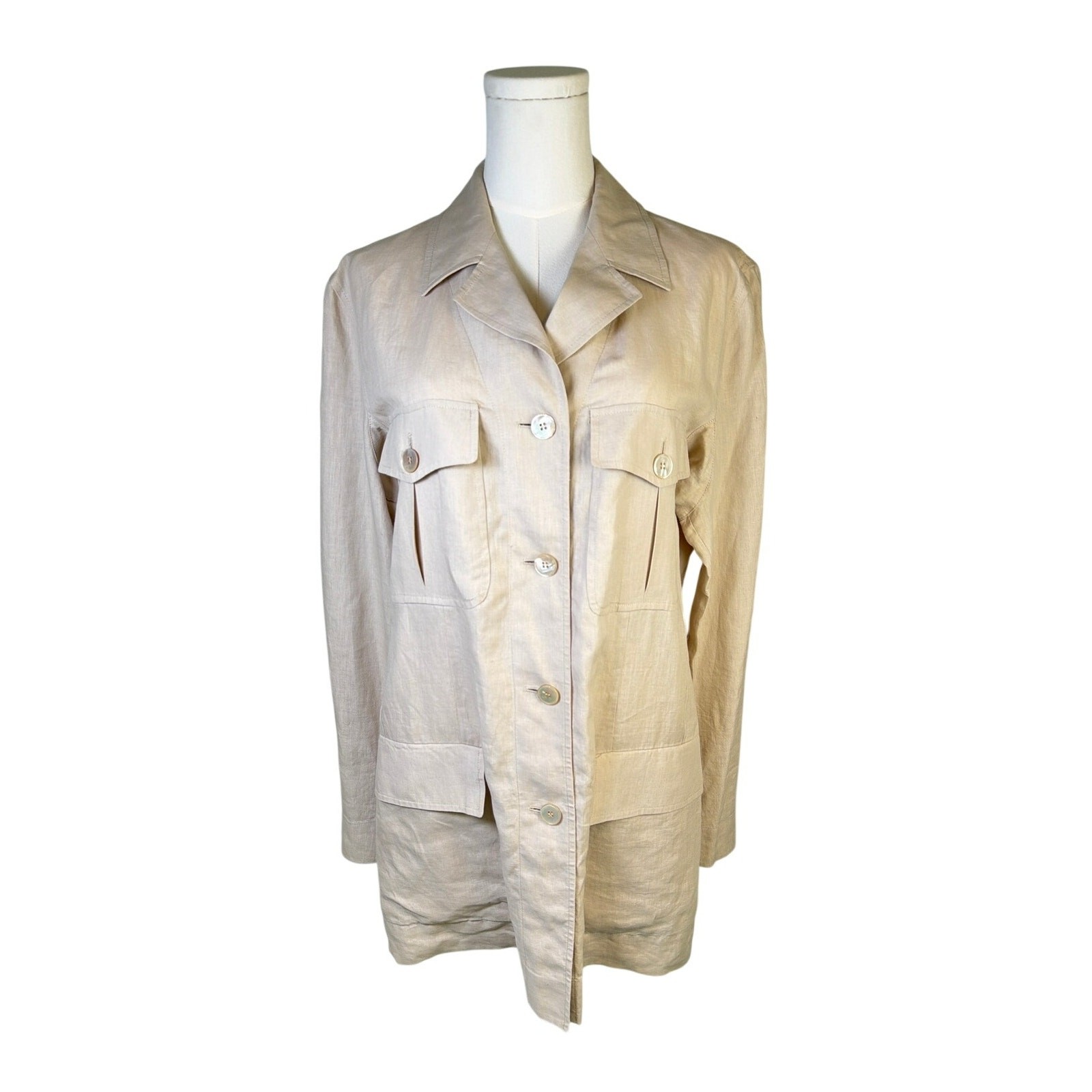 Max Mara 100% Linen Safari Shirt Jacket US 12 IT44 Khaki Button Front Italy