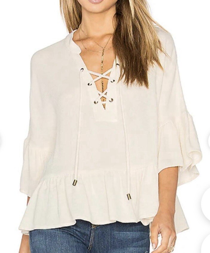 NWT FRYE Lace Up Sheer Ruffle Top in Cream Women’s Size Small