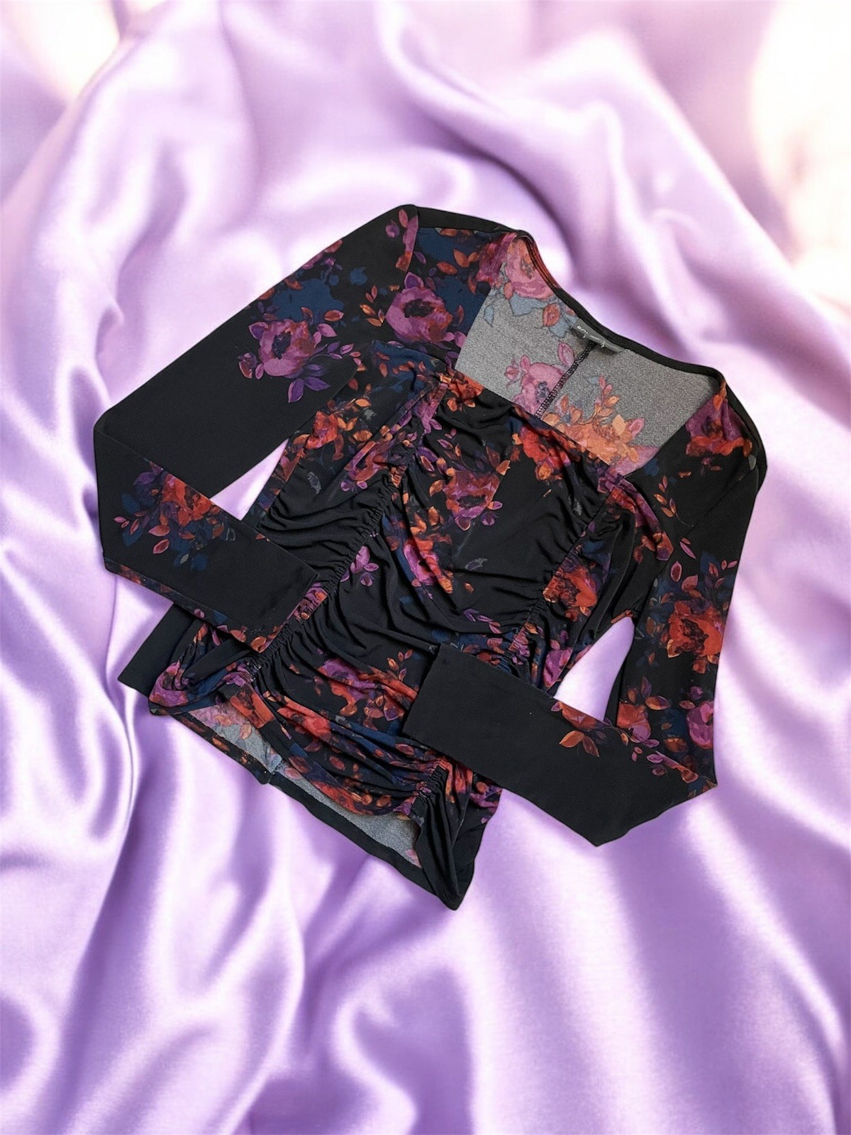 Bold elements black and purple floral print square neckline long sleeve top