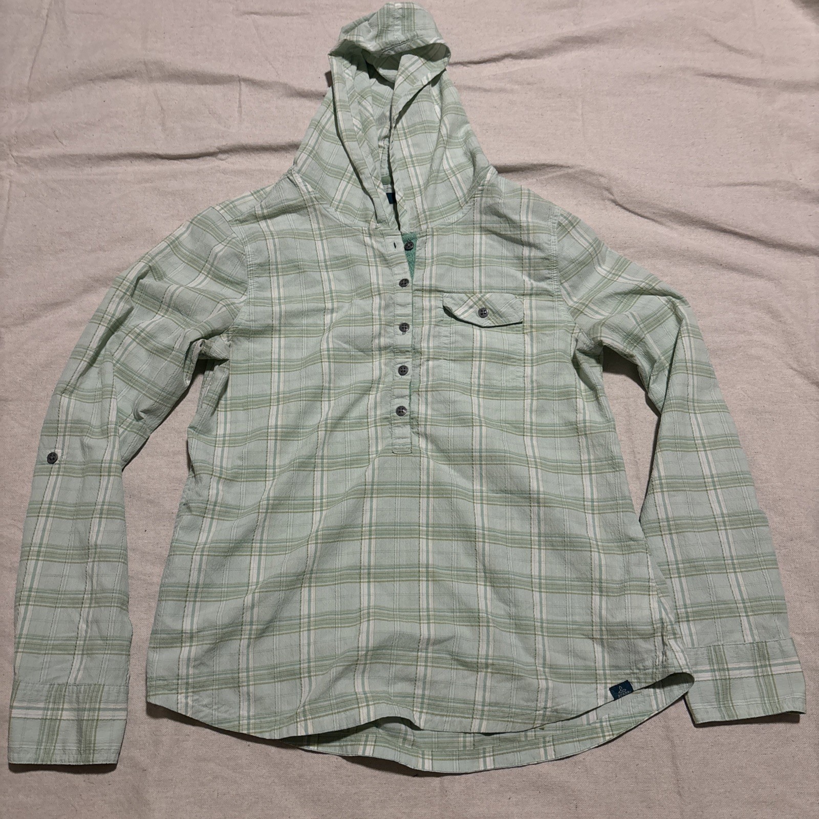 prAna Women’s Medium Green Plaid Hooded Shirt Long Sleeve
