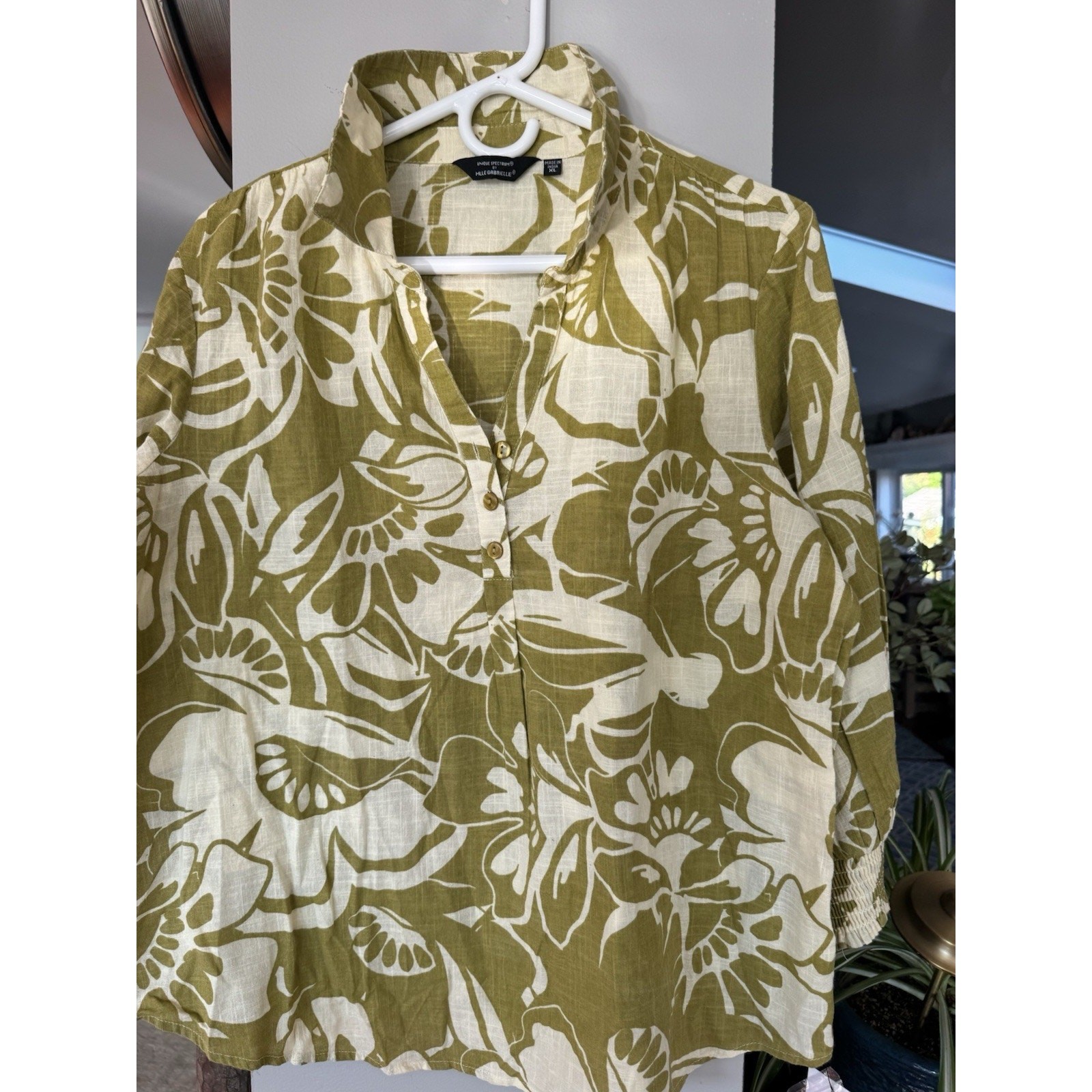 Unique Spectrum by MLLE blouse women’s Lg green white botanical 100% cotton