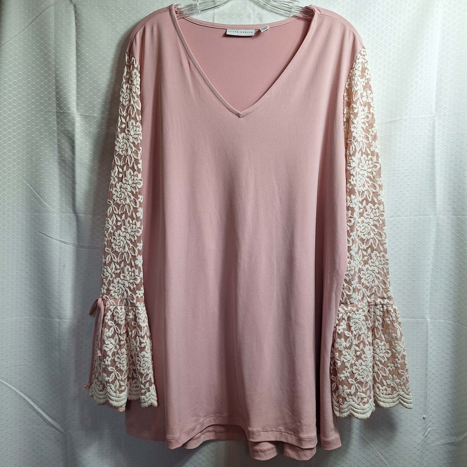 SUSAN GRAVER Tunic Top Sz XL Mauve Pink White Lace Liquid Knit Bell Sleeve EUC!