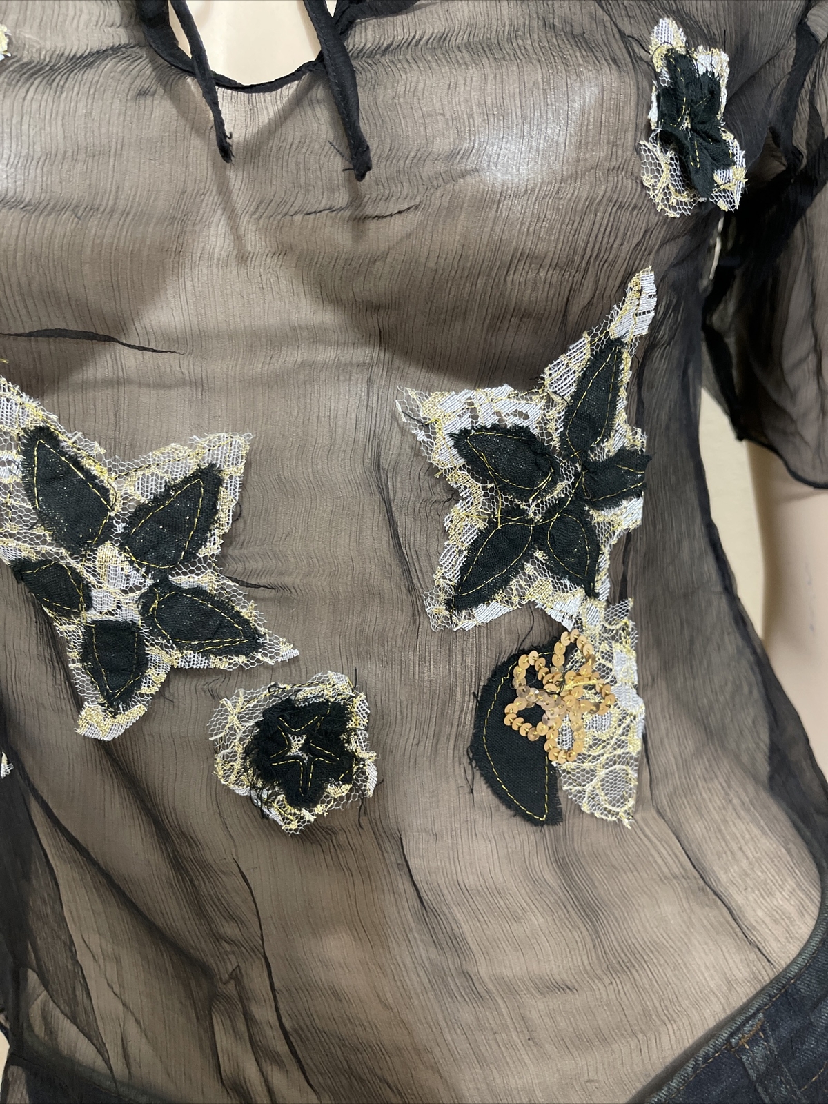 Women’s Black Silk Casual Summer Sheer Beaded Embroidered Lace Size L Blouse Top