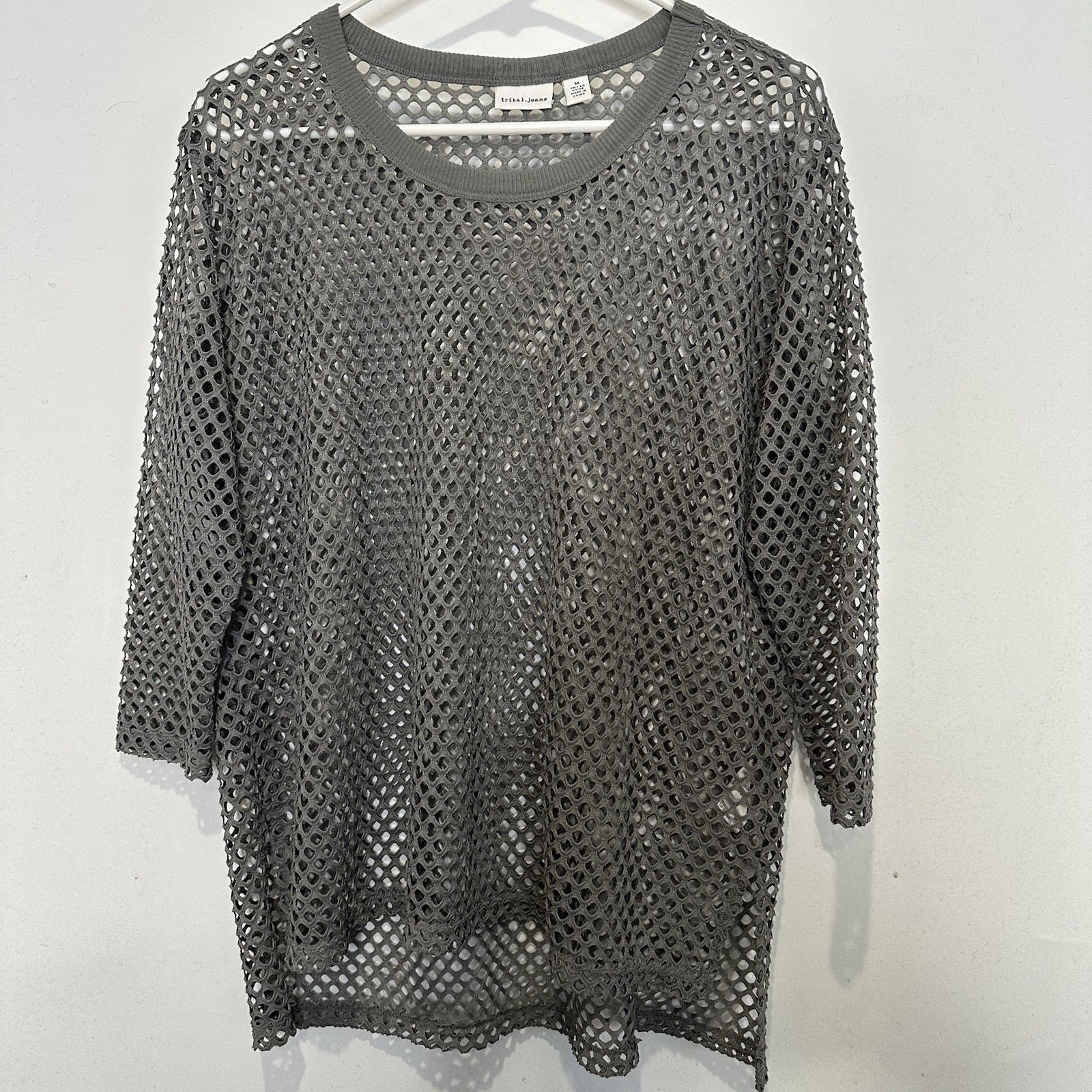 Tribal Jeans Womens Mesh Shirt Medium Gray 3/4 Sleeve Stretch Sheer Tunic Top