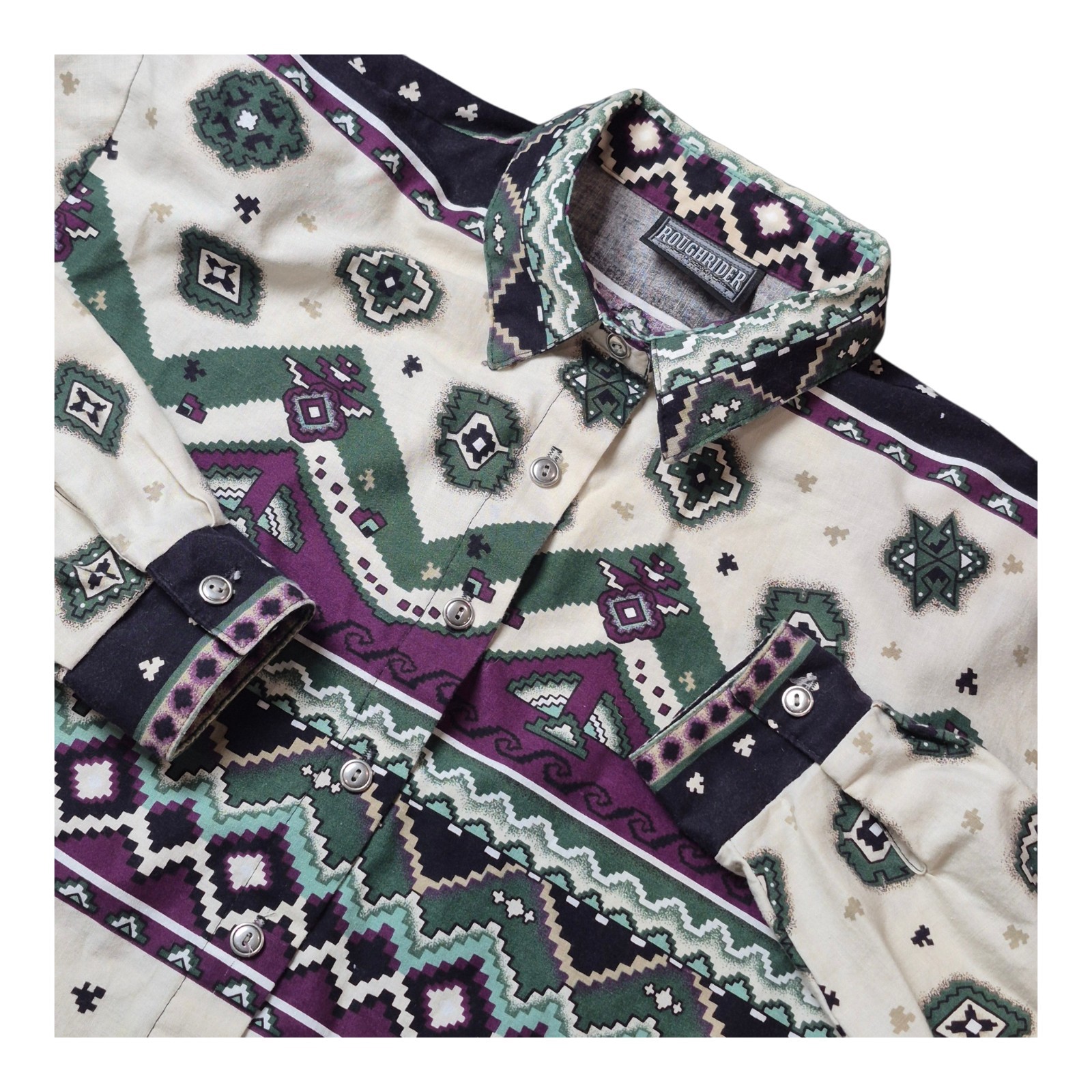 VTG Roughrider Women’s M Western Button Front Shirt Aztec Southwestern Retro 90s