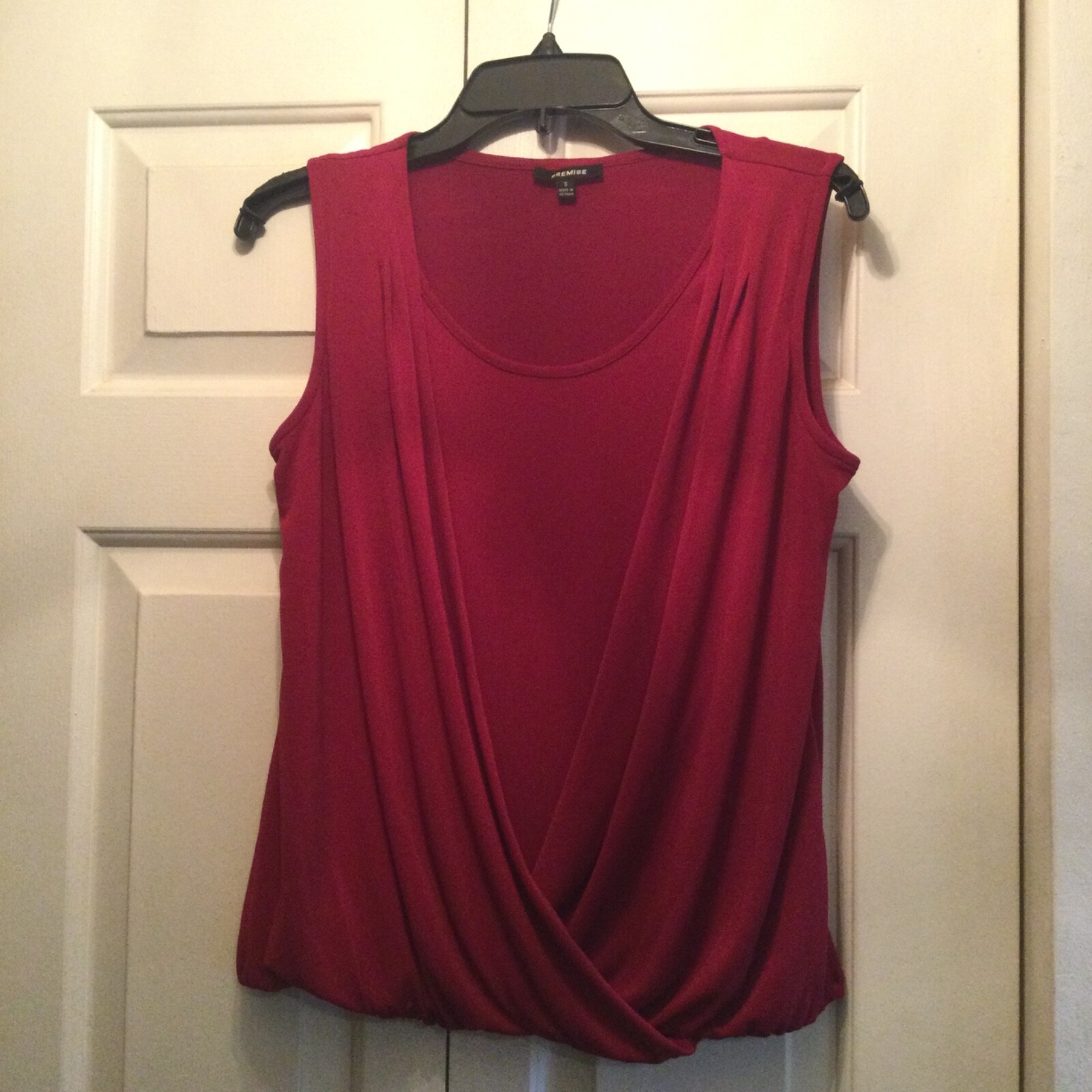 Premise Faux Wrap Blouson Front Sleeveless Top Dark Red Sm