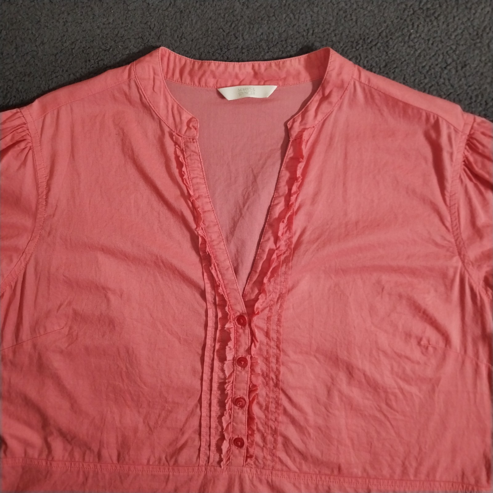 Marks Spencer Top Womens 18 Coral Pink Button Blouse Ruffle Pleated Puff Ruched