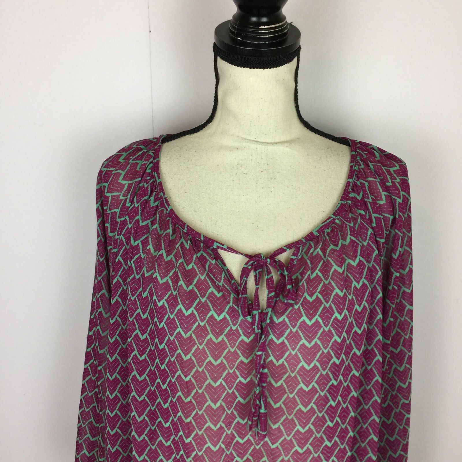 Olivia Moon Peasant Blouse Top XL Womans Purple Heart Print Sheer Elastic Waist