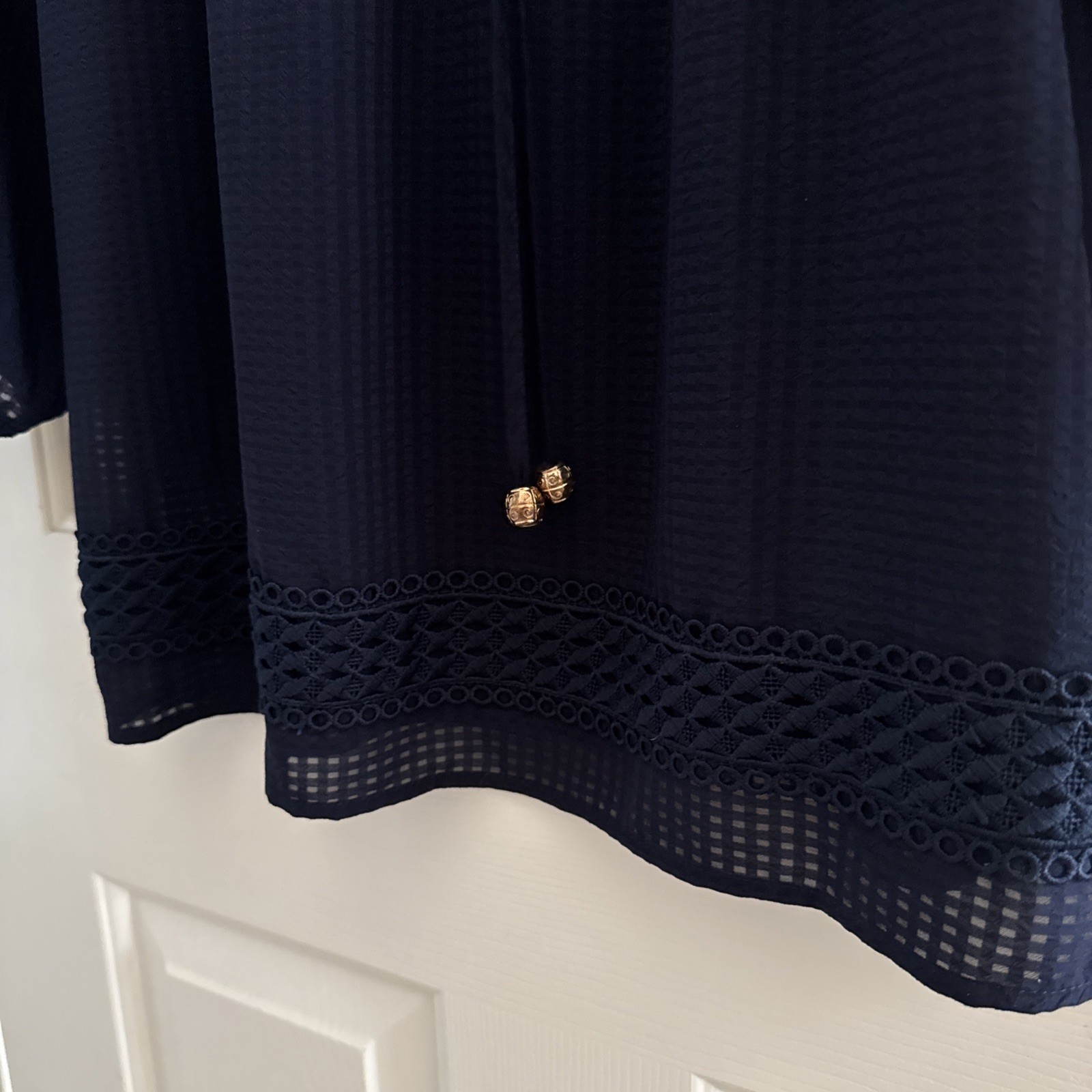 AB Studio Women’s Size Small Sheer Navy Blue Blouse 3/4 Sleeves Bead Accent