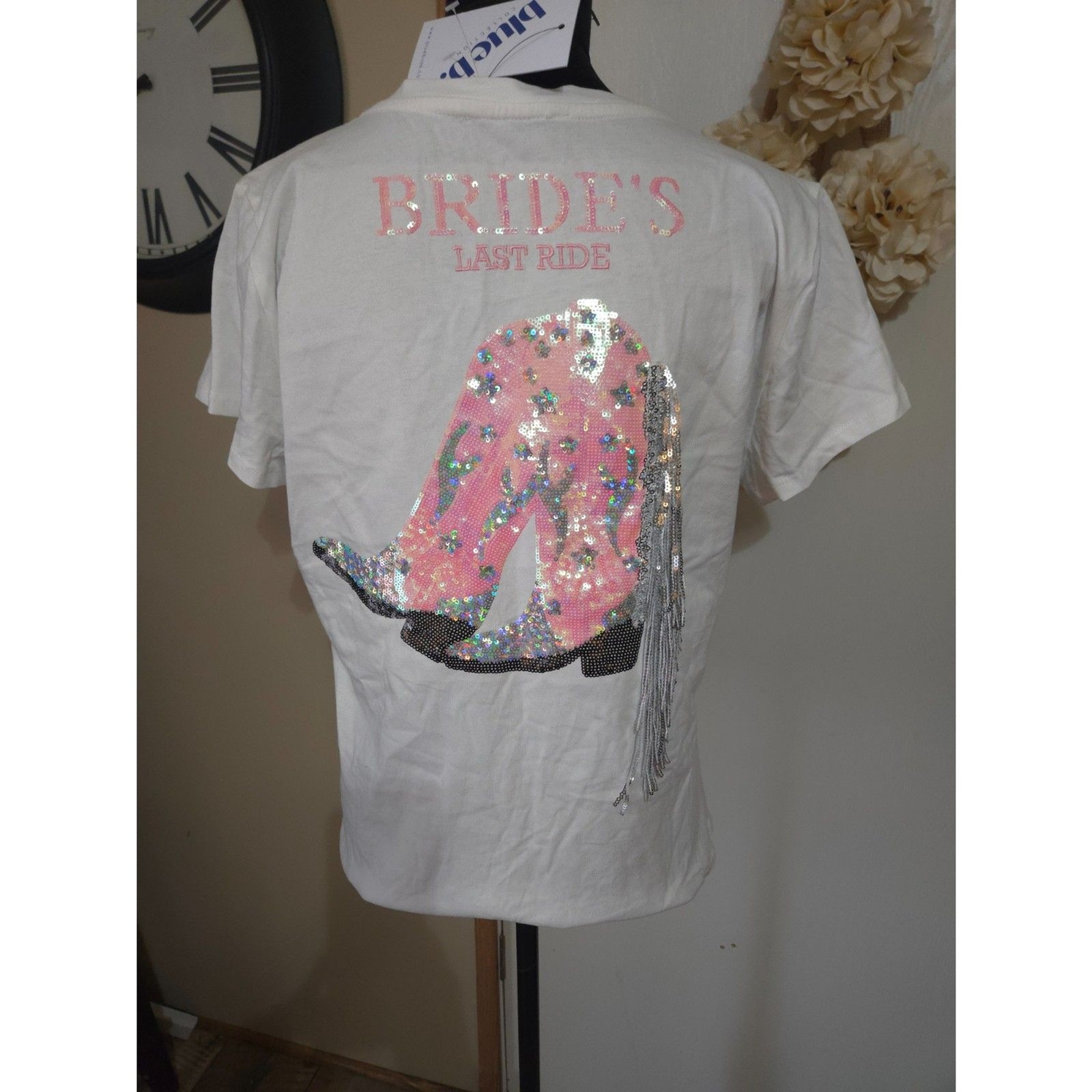 NWT Blue B Collection “Bride’s Last Ride” Sequin Cowgirl Boots Tee – Large