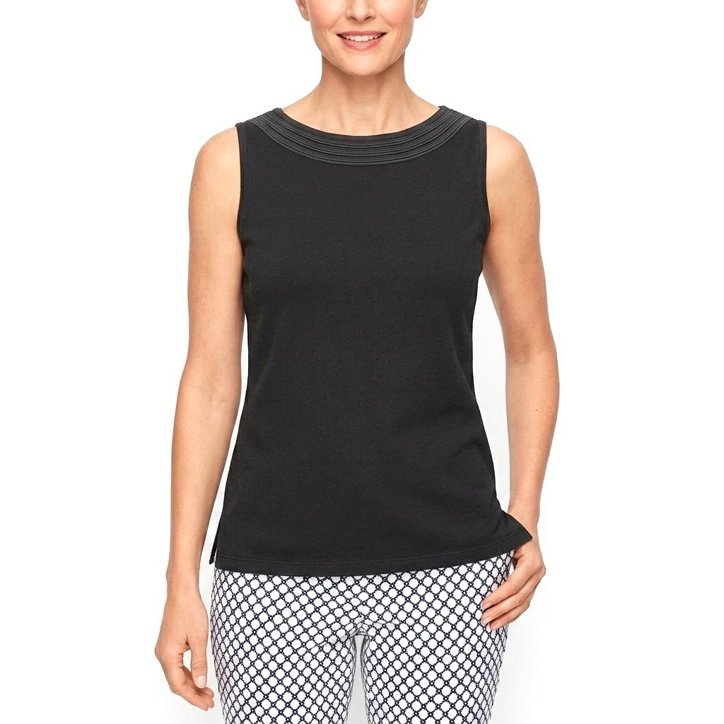 TALBOTS PETITES PM Black Pleated Bateau Neckline COTTON Sleeveless Shell Top NWT