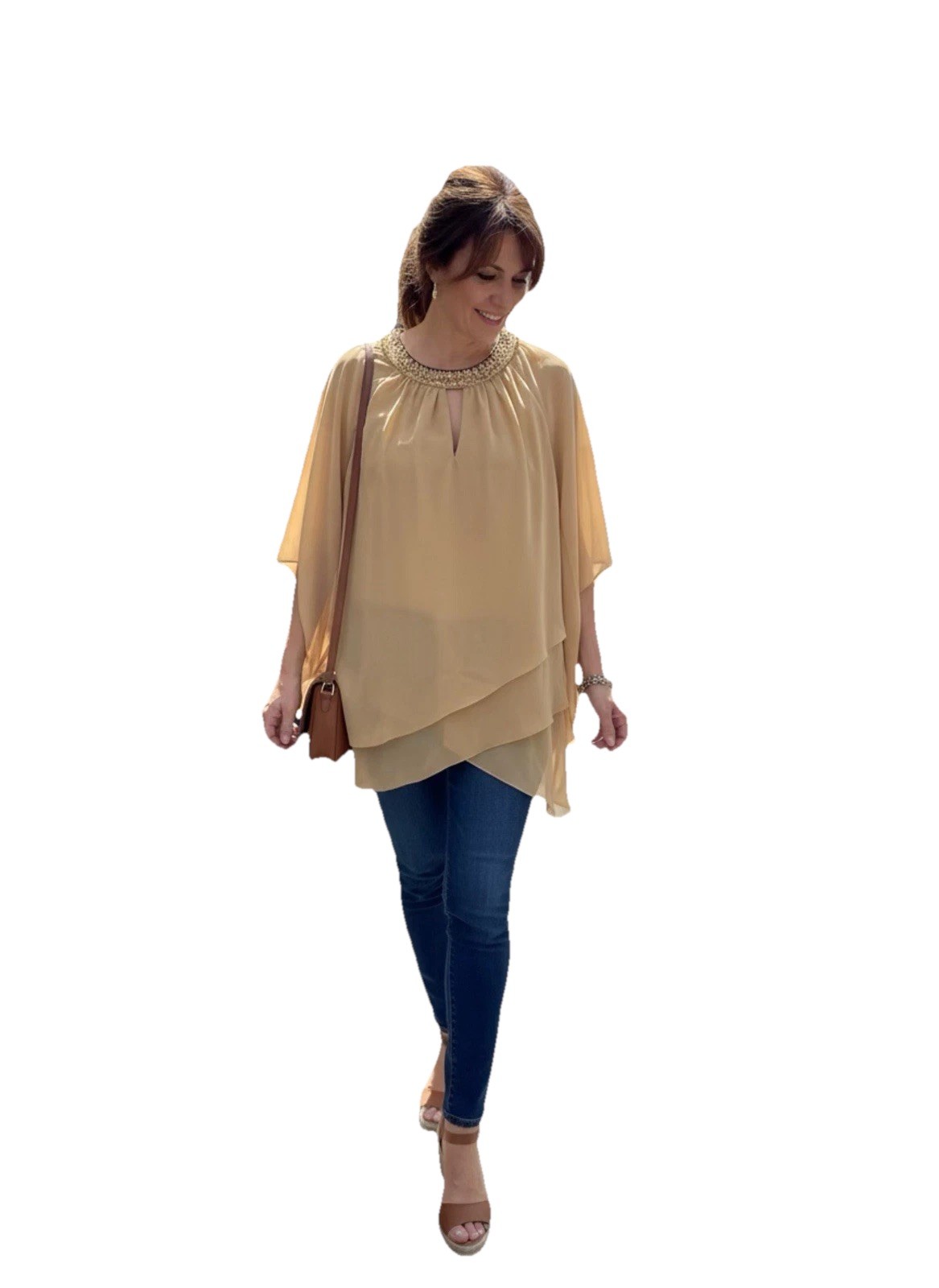JJ’s House Beaded Neckline Layered Gold Chiffon Formal Dress Blouse