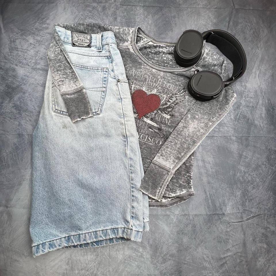 Womens Y2K Grunge Gothic Skater Long Sleeve Top Grey Red Heart Size S