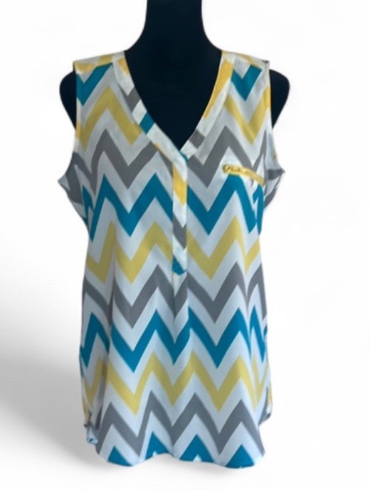 Tacera Women’s Chevron Sleeveless V-Neck Blouse Yellow Blue Gray White, Size S